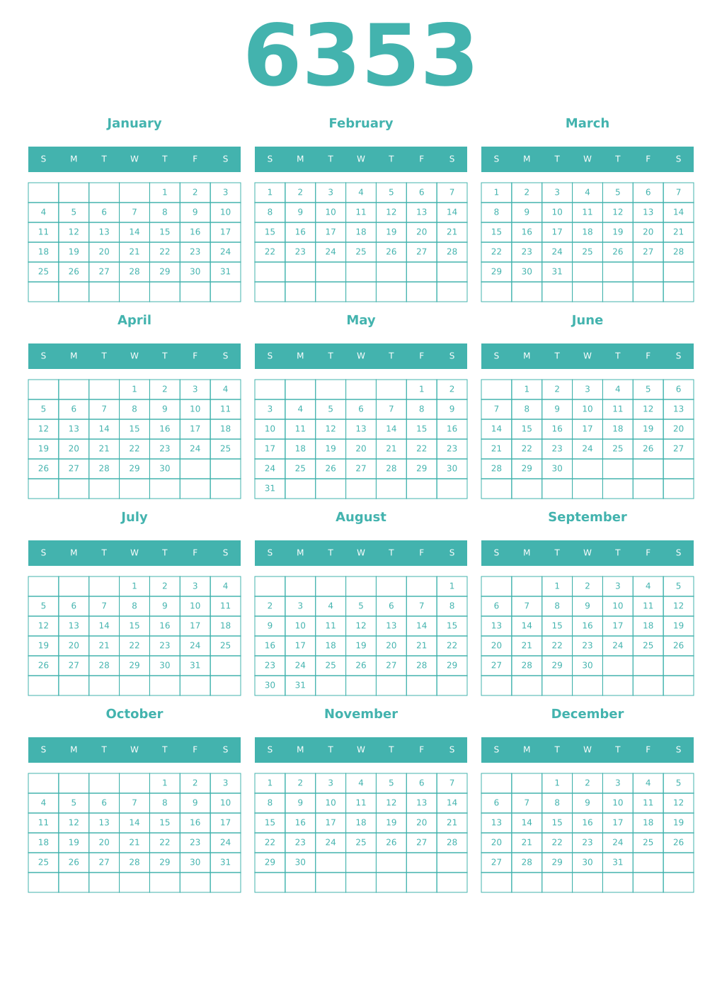 Printable 6353 Year Calendars verdigris