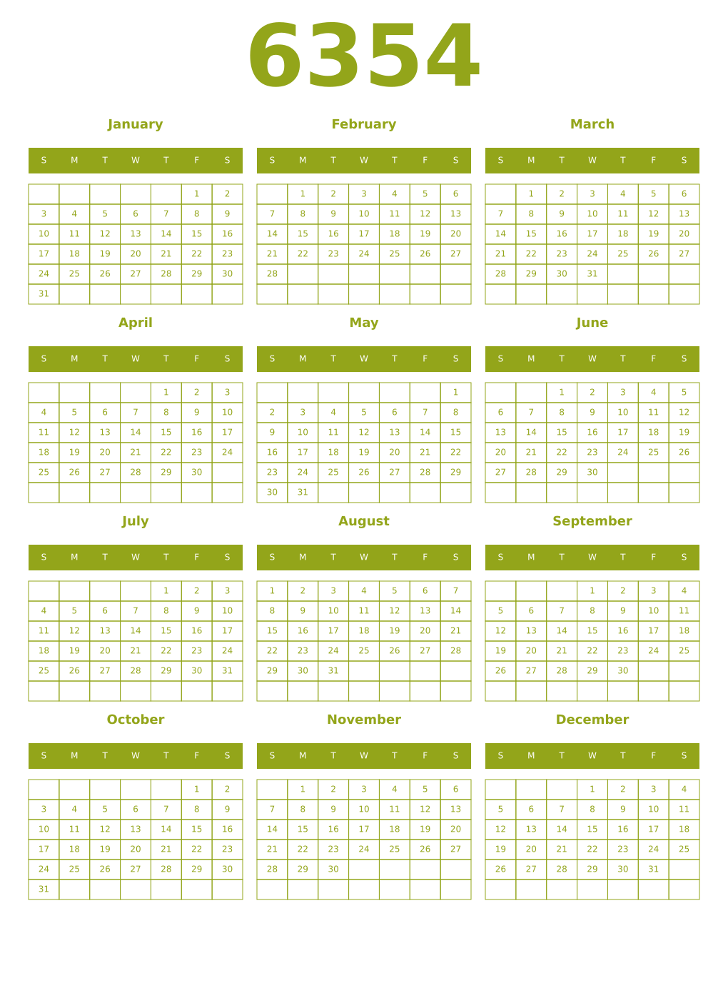 Printable 6354 Year Calendars chartreuse