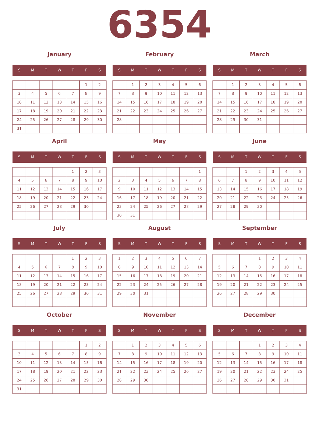 Printable 6354 Year Calendars cordovan