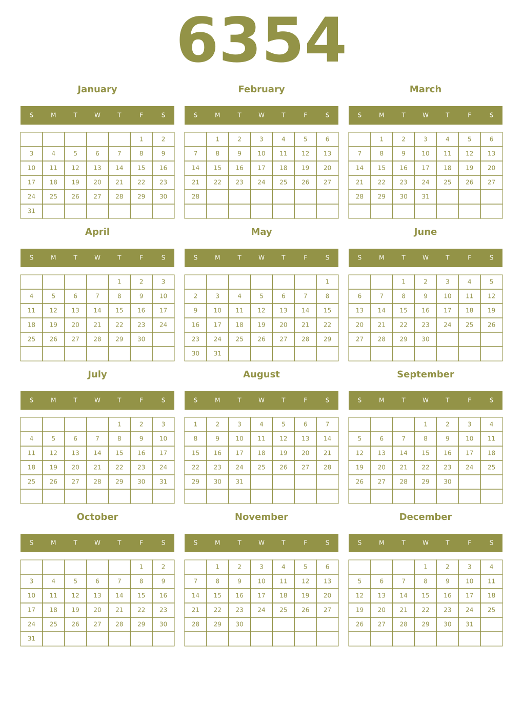 Printable 6354 Year Calendars eburnean