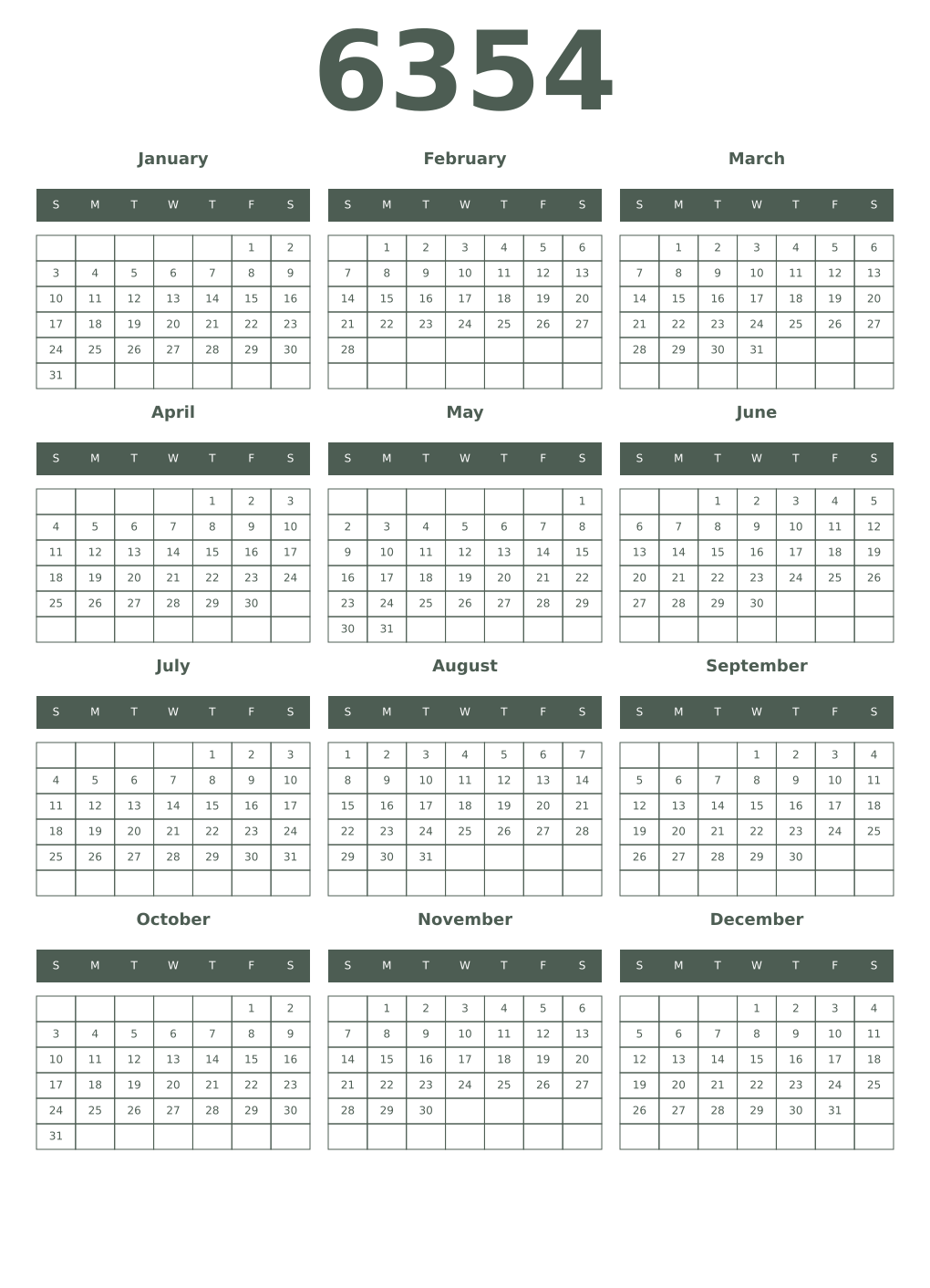 Printable 6354 Year Calendars feldgrau