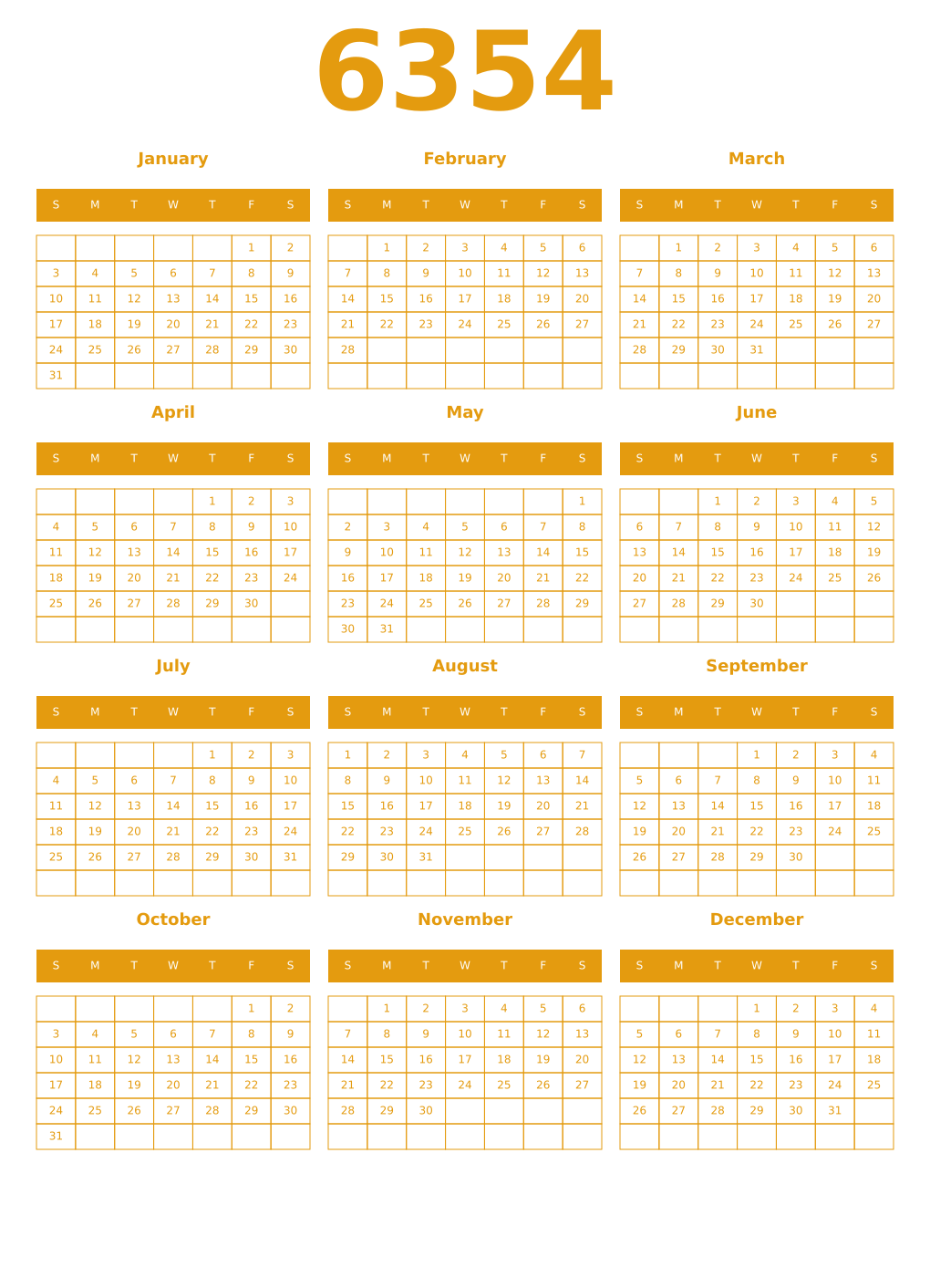 Printable 6354 Year Calendars gamboge