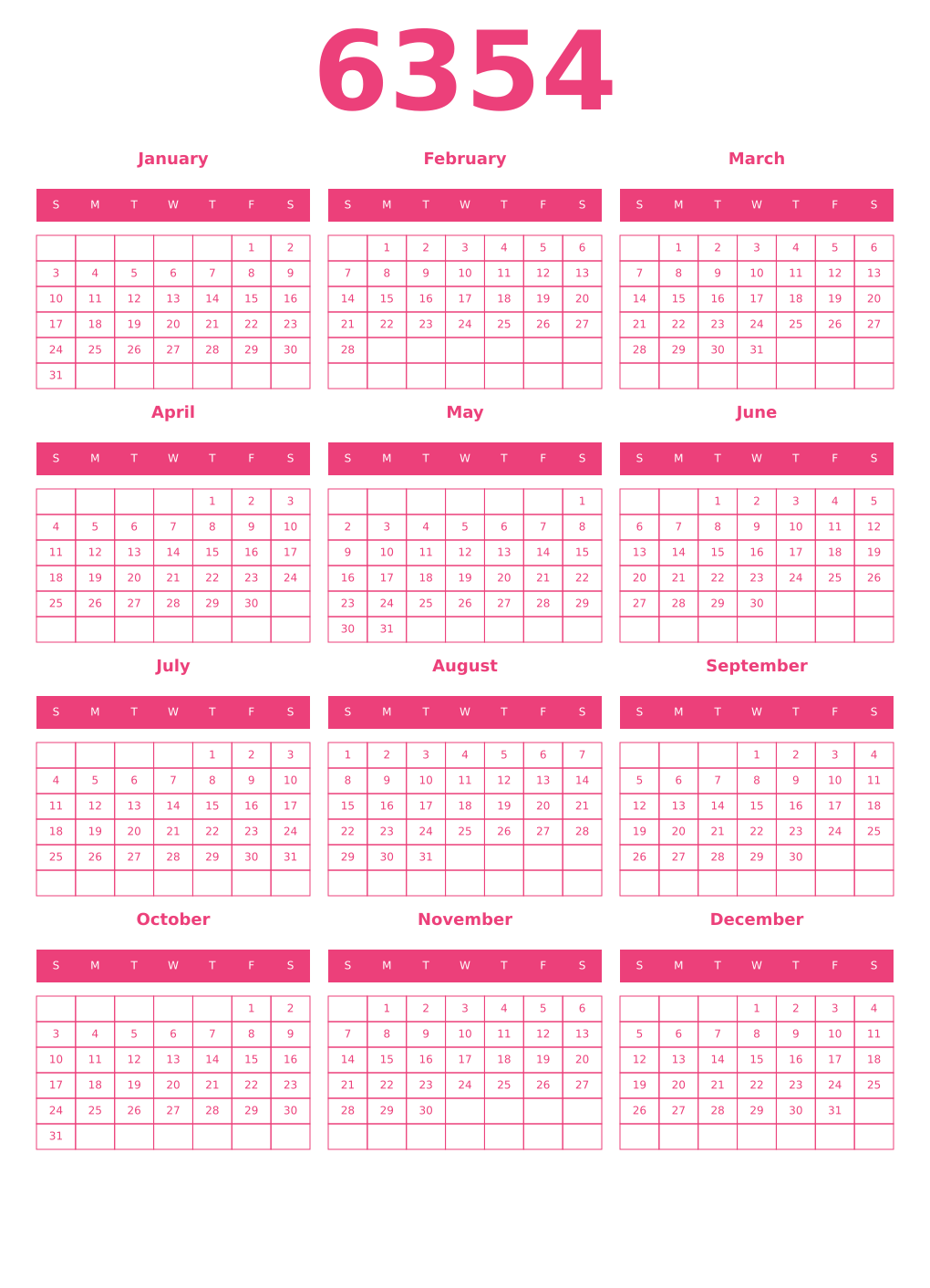 Printable 6354 Year Calendars pink