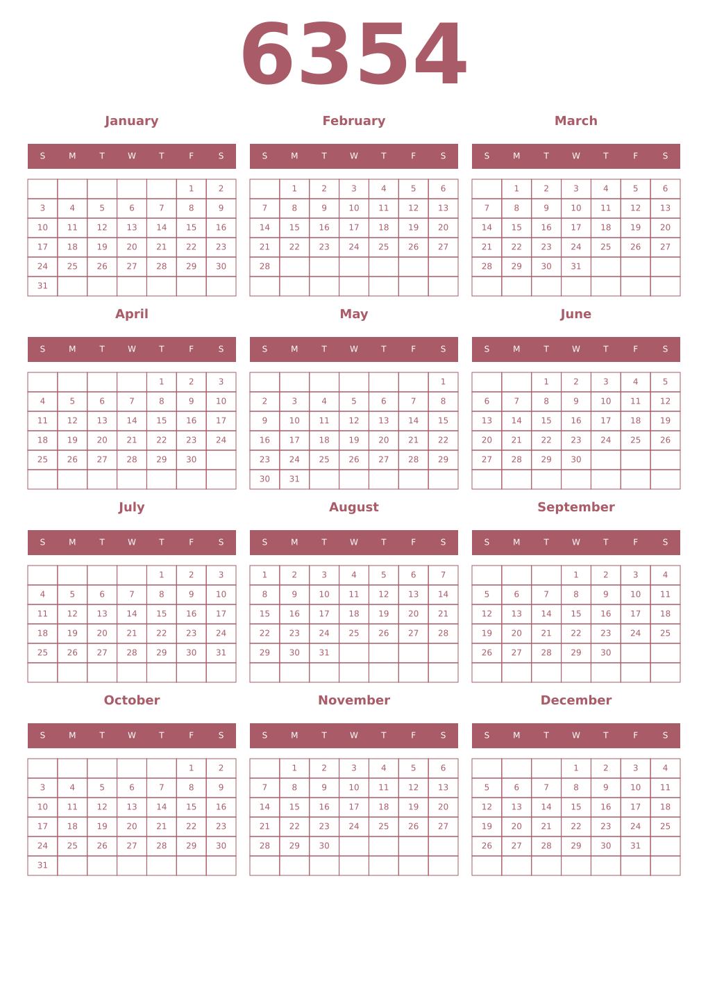 Printable 6354 Year Calendars puce