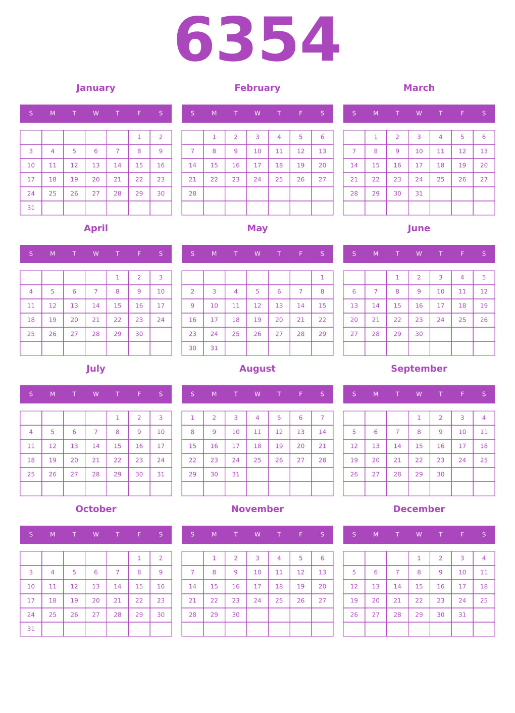 Printable 6354 Year Calendars purple