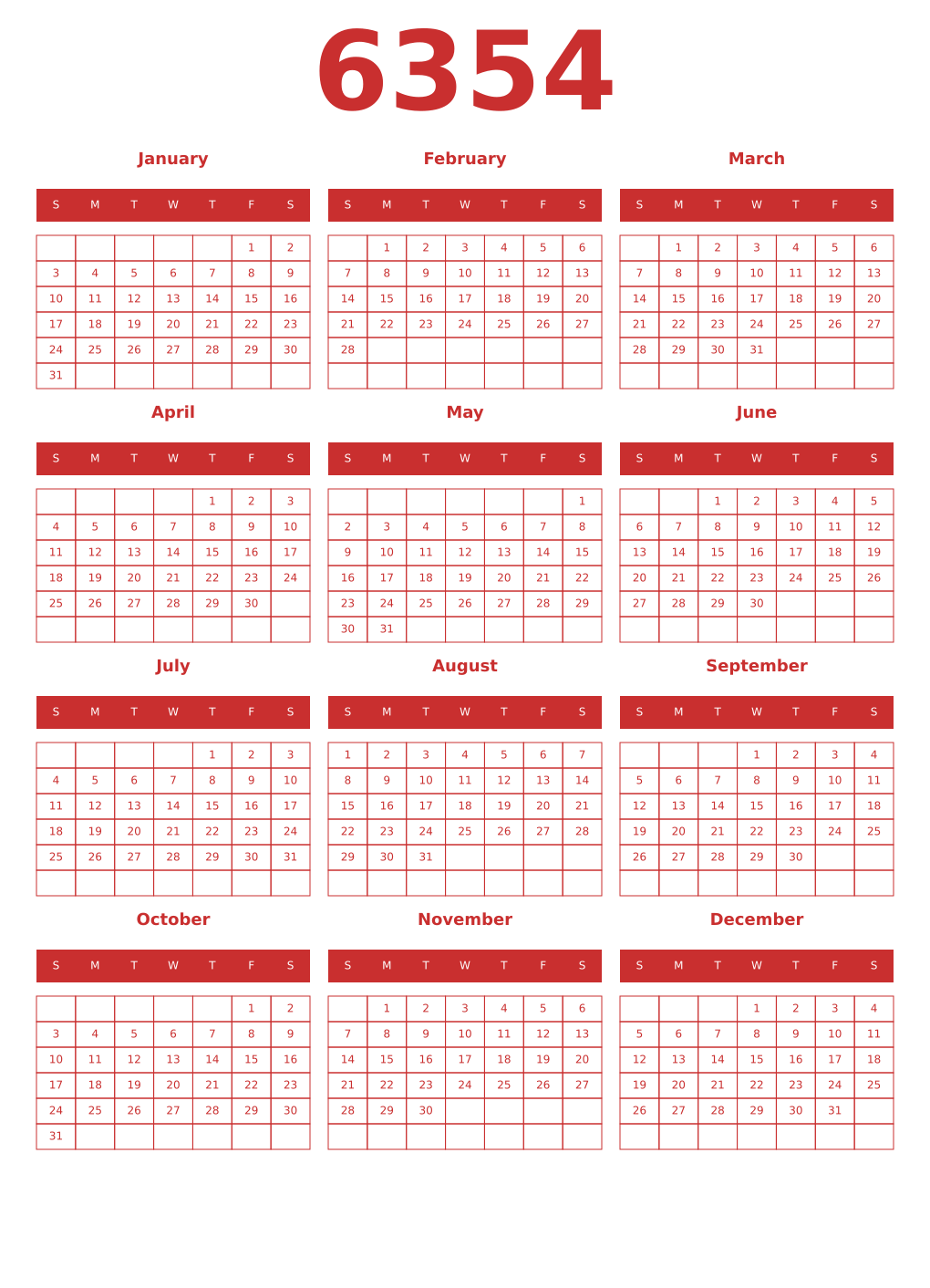 Printable 6354 Year Calendars red