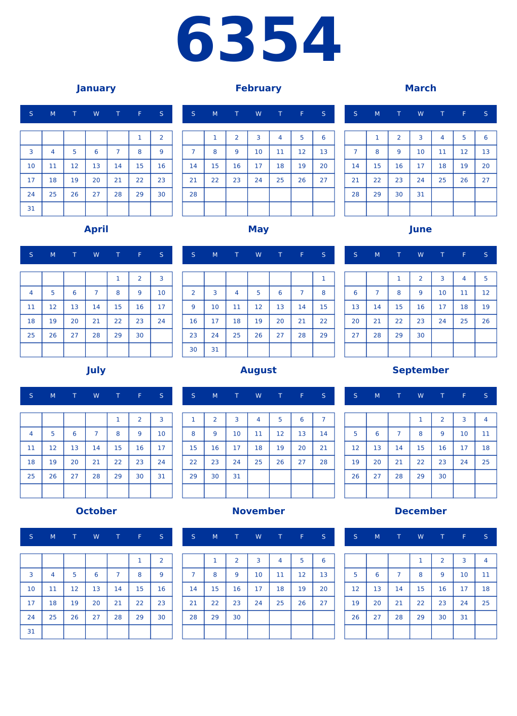 Printable 6354 Year Calendars smalt