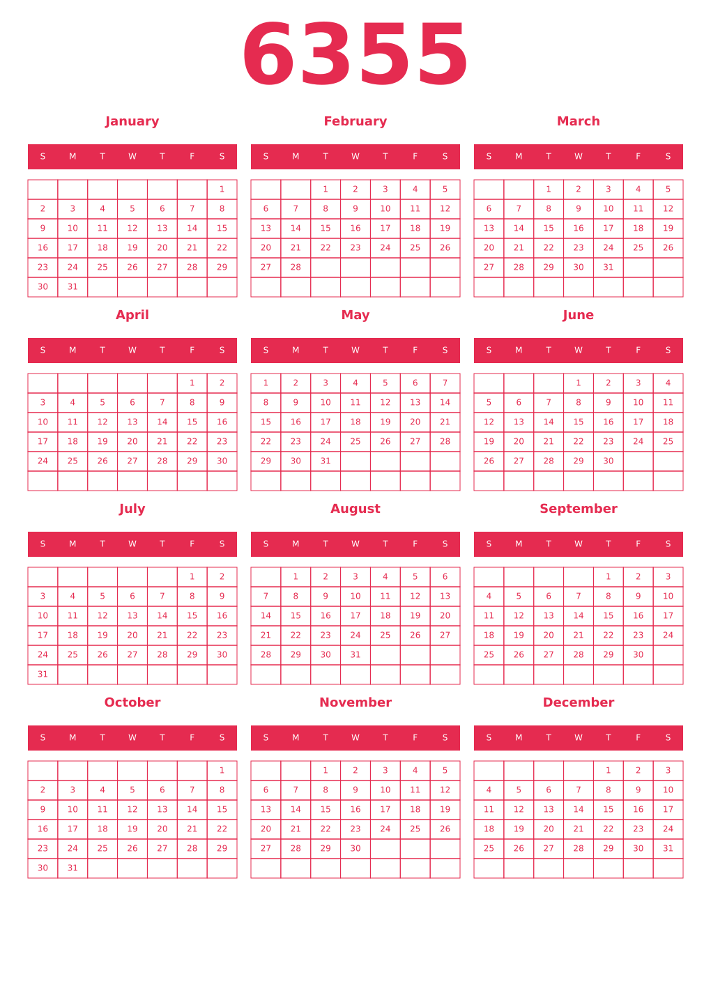 Printable 6355 Year Calendars amaranth