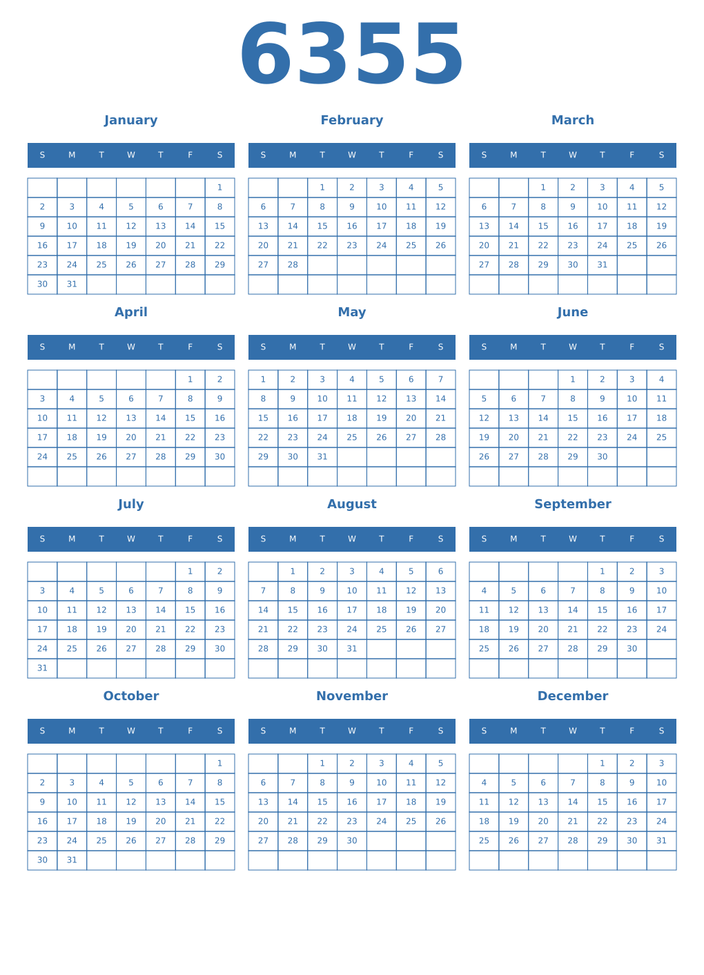Printable 6355 Year Calendars blue