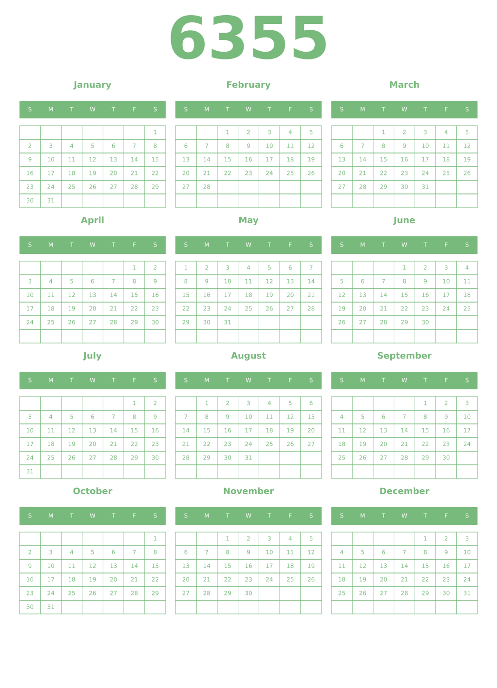 Printable 6355 Year Calendars celadon