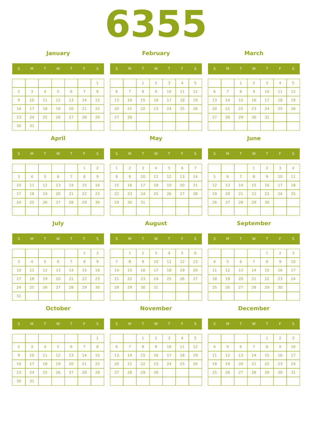 Printable 6355 Year Calendars chartreuse