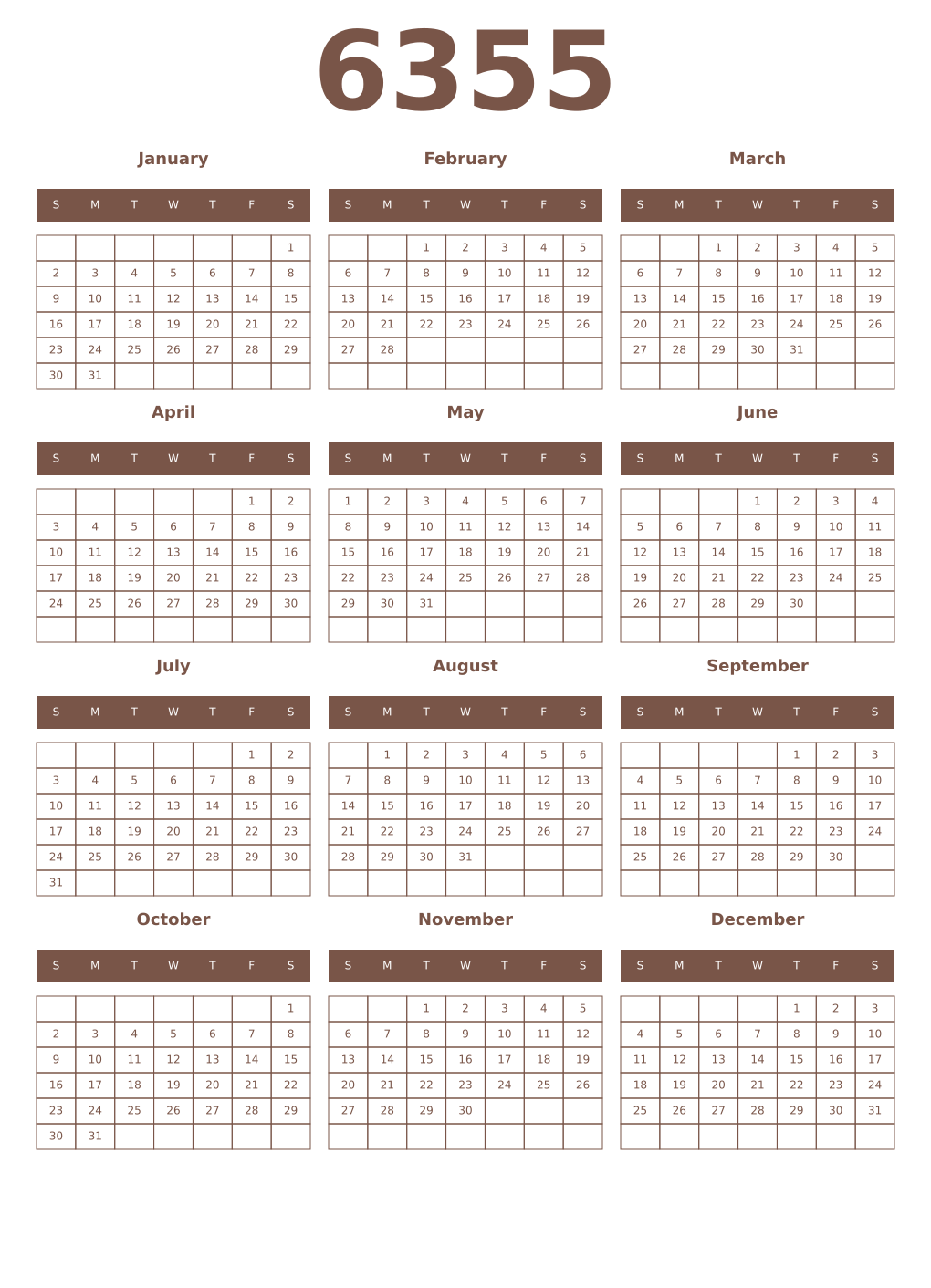 Printable 6355 Year Calendars coffe