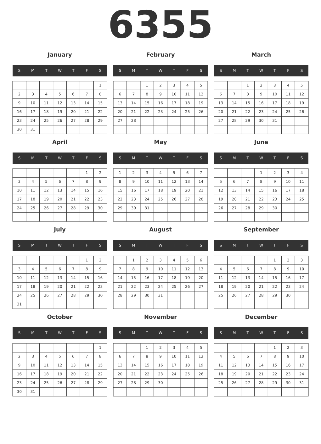Printable 6355 Year Calendars dark