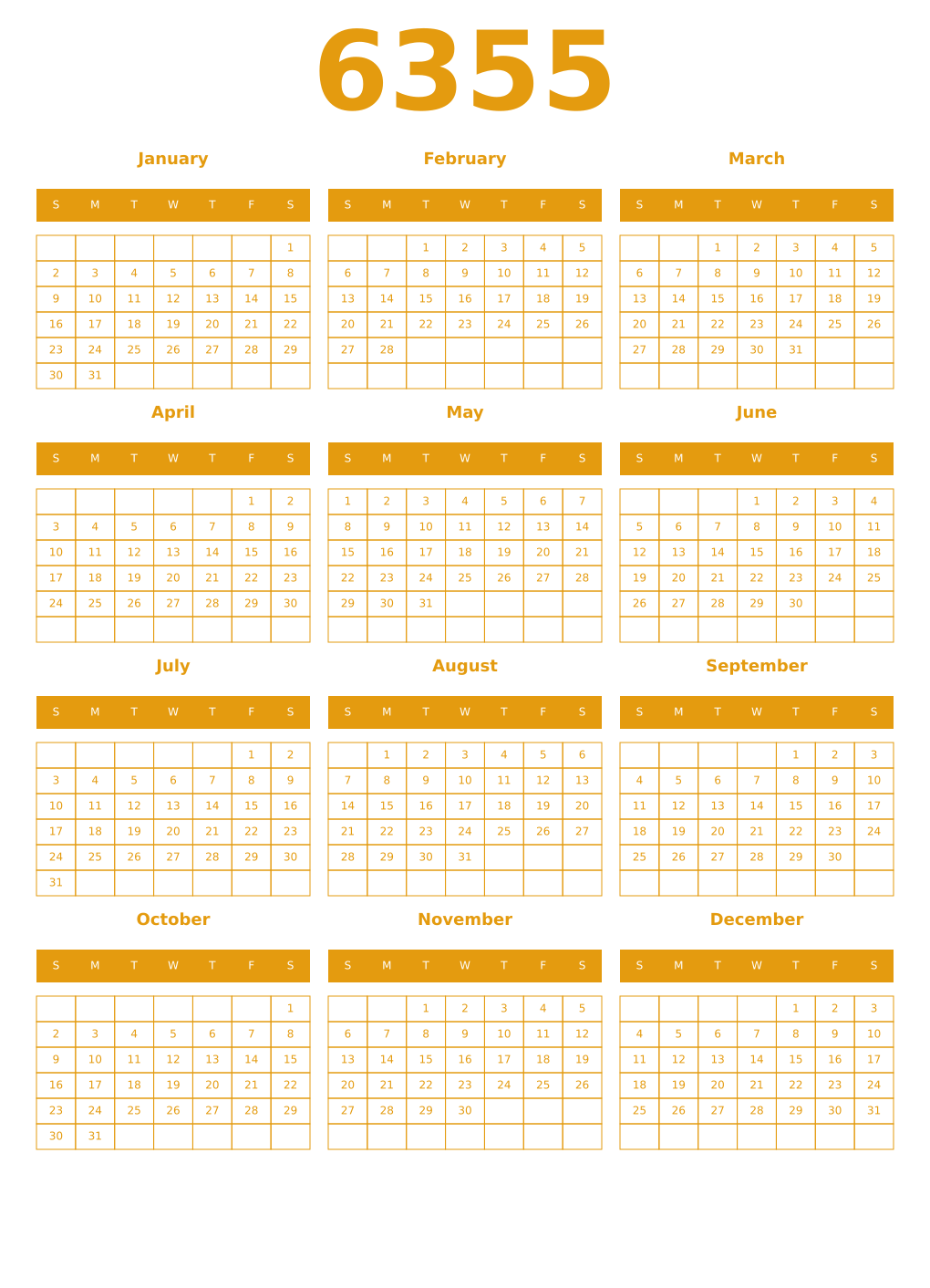 Printable 6355 Year Calendars gamboge