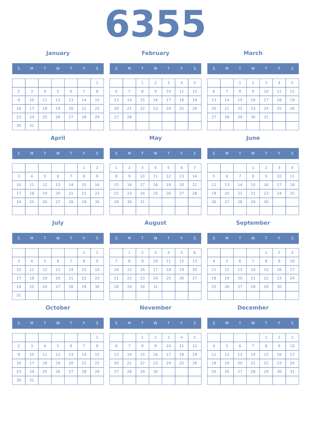 Printable 6355 Year Calendars glaucous