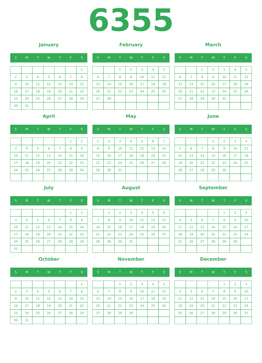 Printable 6355 Year Calendars green