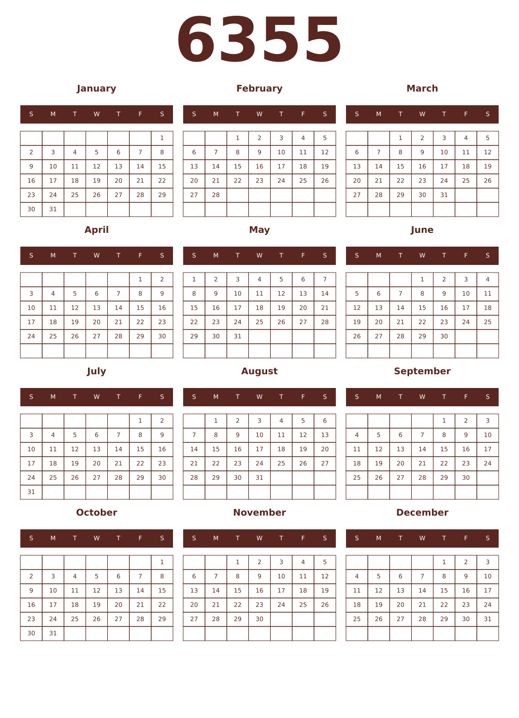 Printable 6355 Year Calendars mortuum
