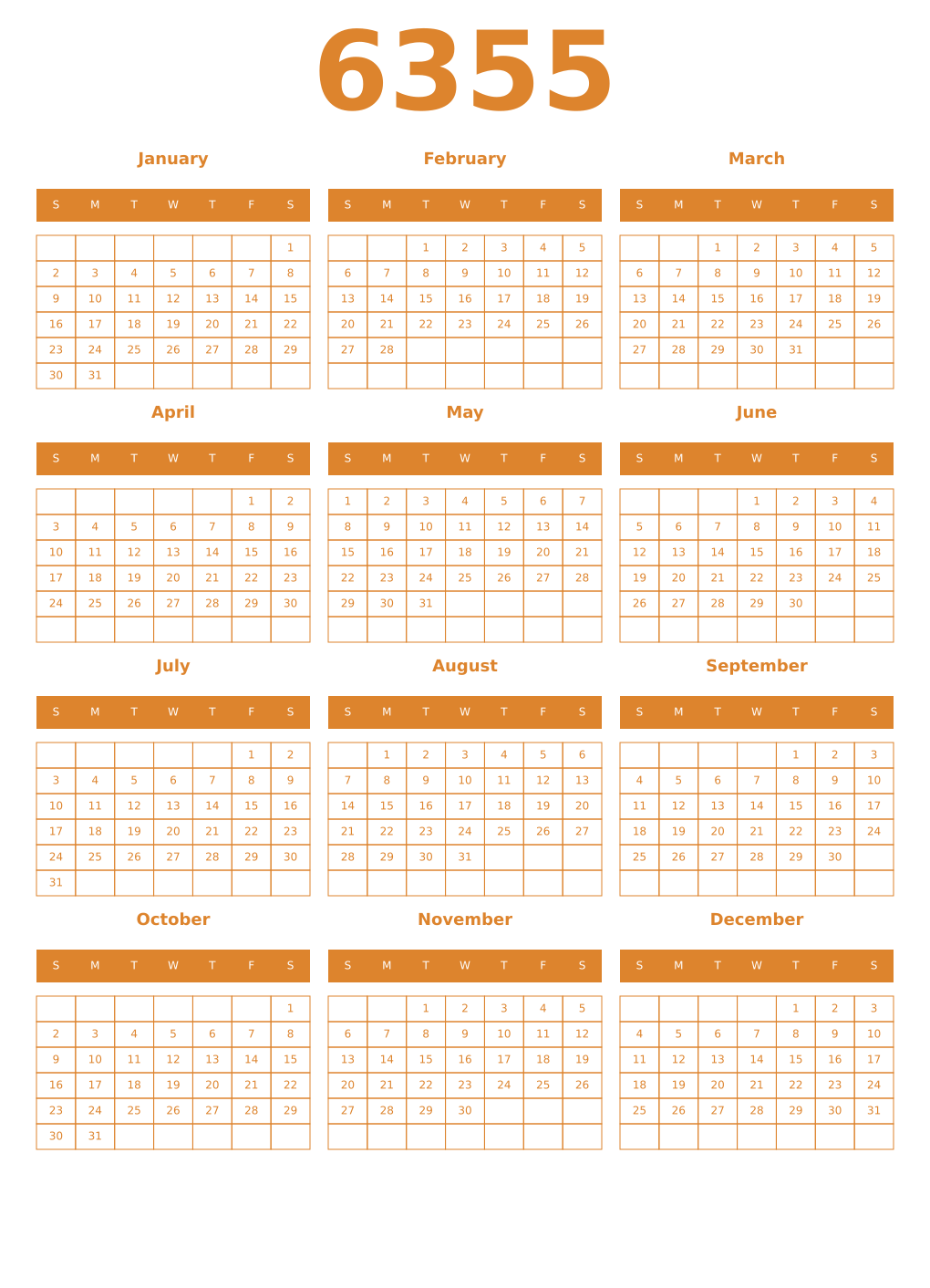 Printable 6355 Year Calendars orange