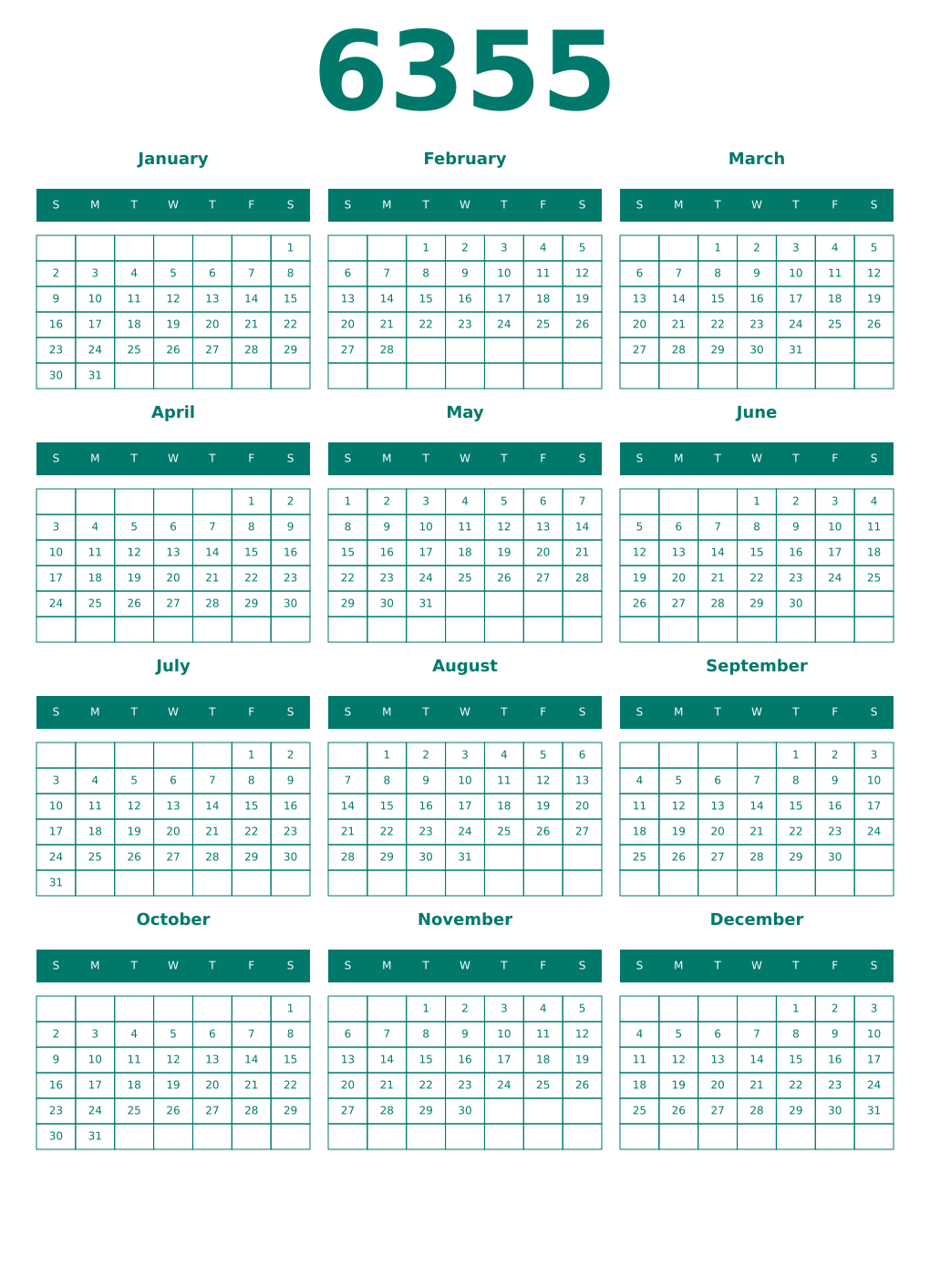 Printable 6355 Year Calendars pastel