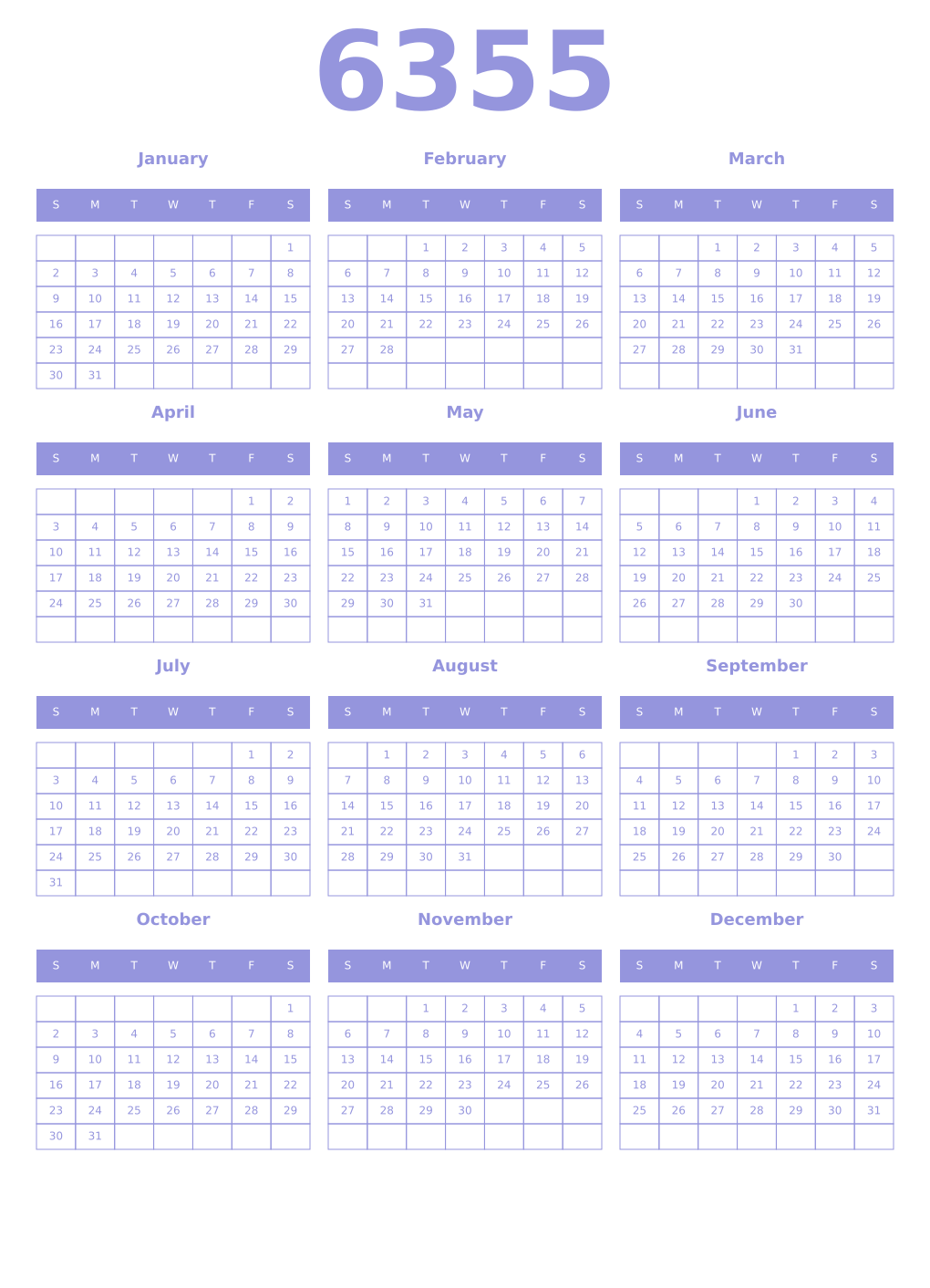 Printable 6355 Year Calendars periwinkle
