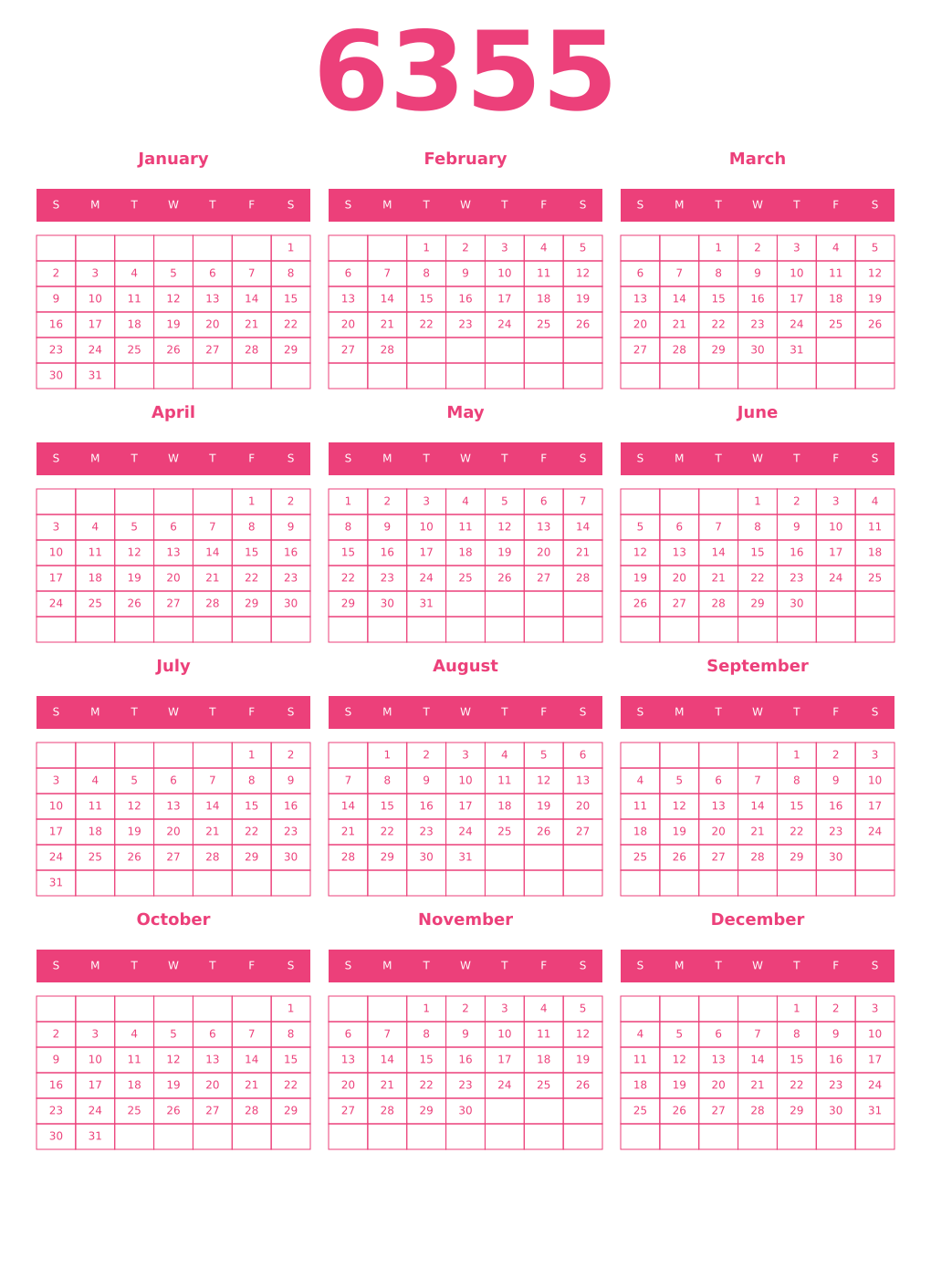 Printable 6355 Year Calendars pink