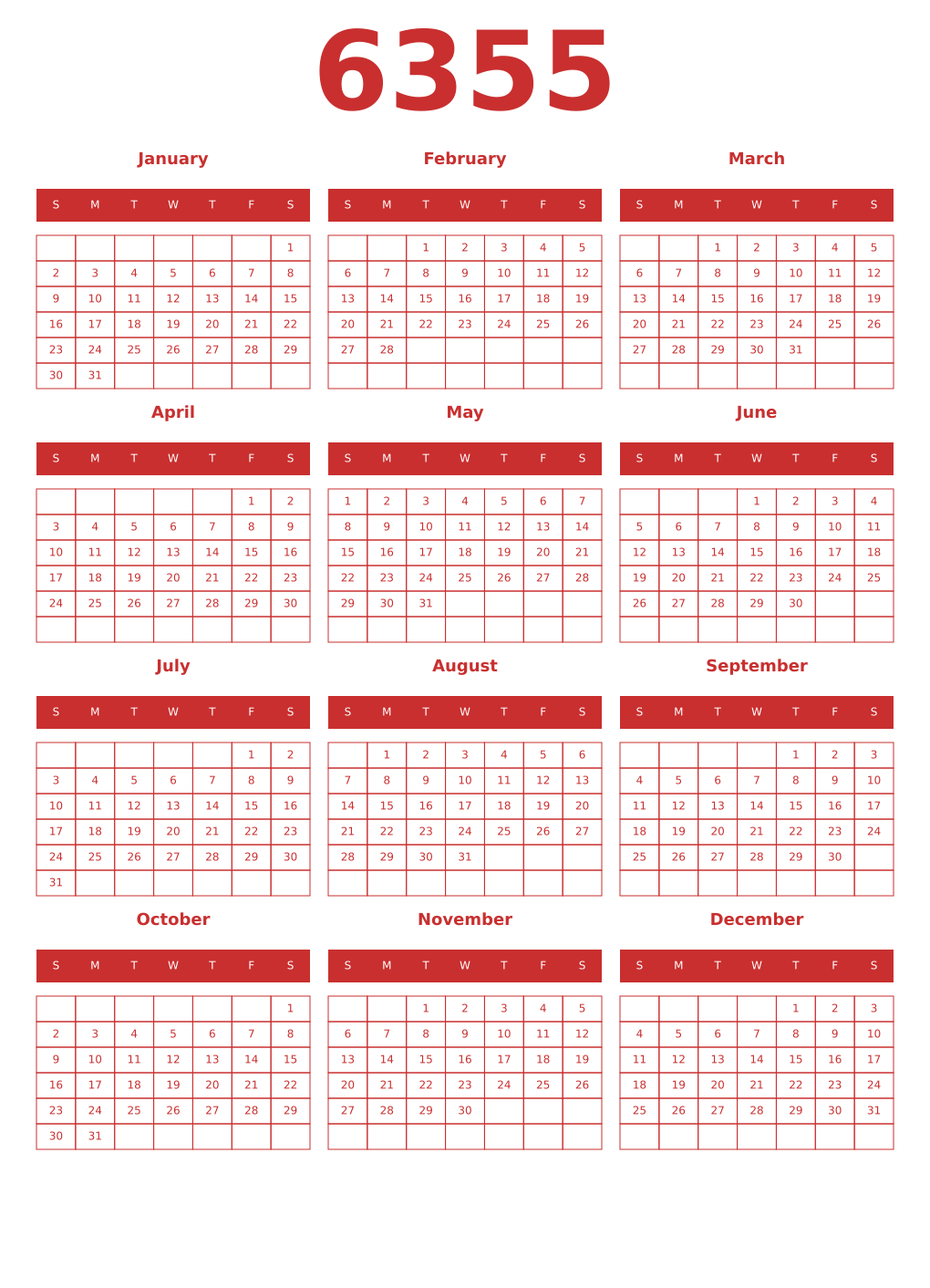Printable 6355 Year Calendars red