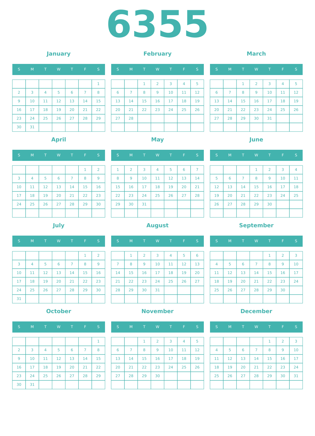 Printable 6355 Year Calendars verdigris