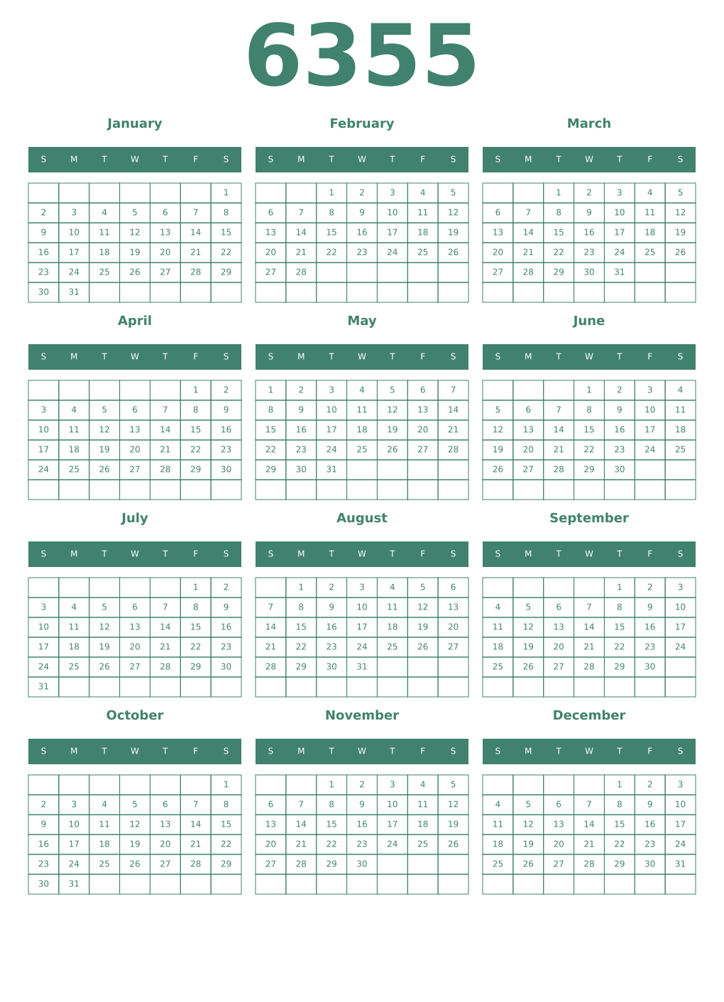 Printable 6355 Year Calendars viridian