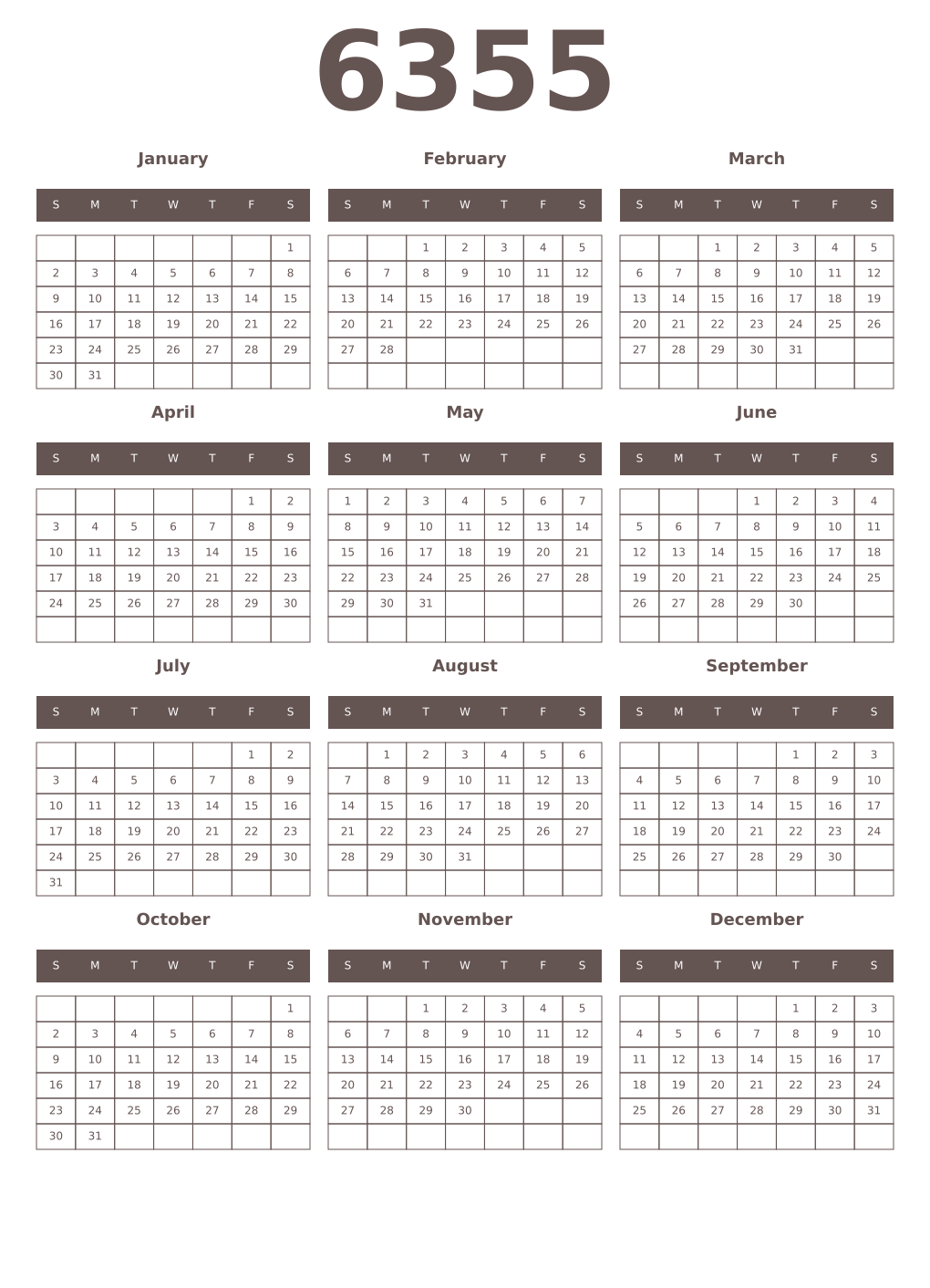 Printable 6355 Year Calendars wenge