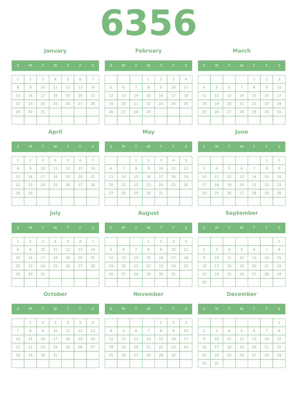 Printable 6356 Year Calendars celadon