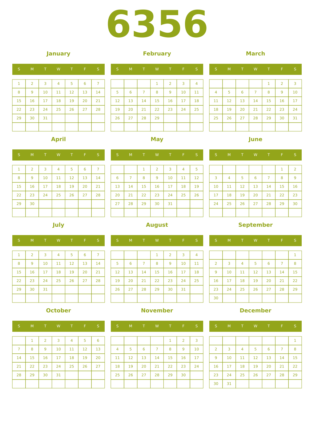 Printable 6356 Year Calendars chartreuse