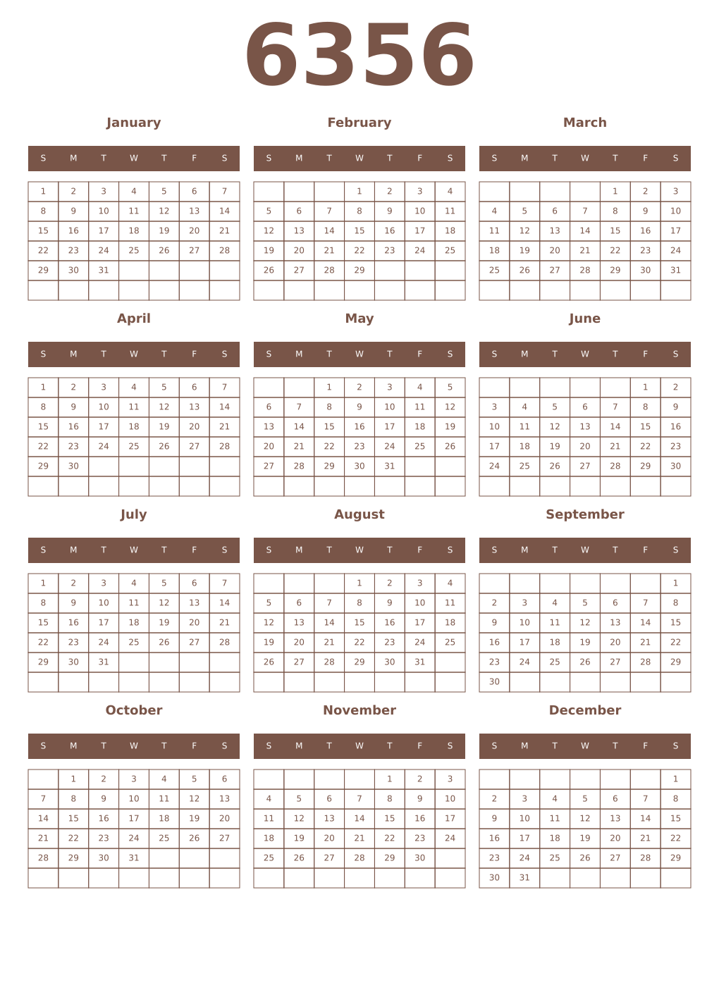 Printable 6356 Year Calendars coffe