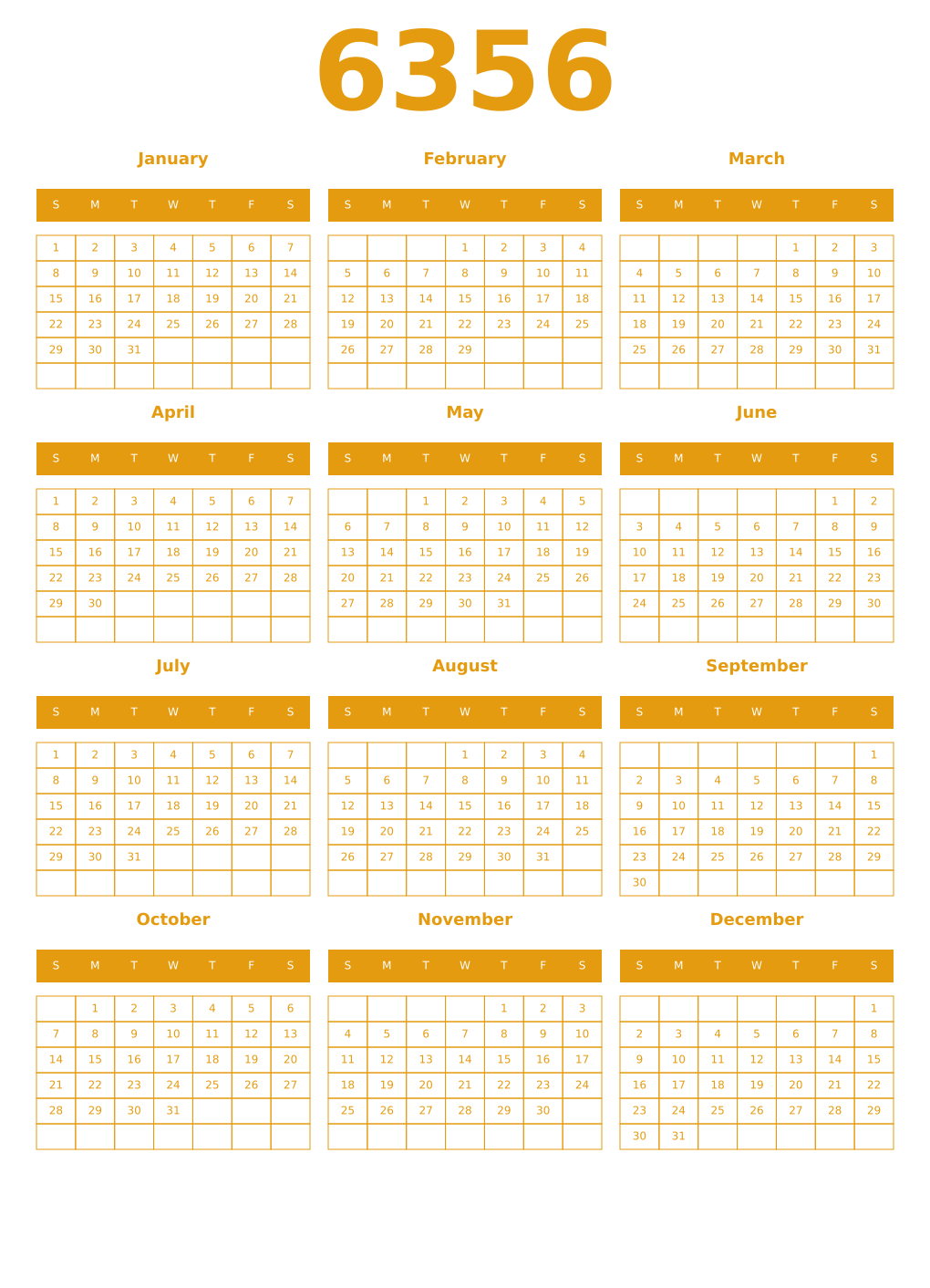 Printable 6356 Year Calendars gamboge