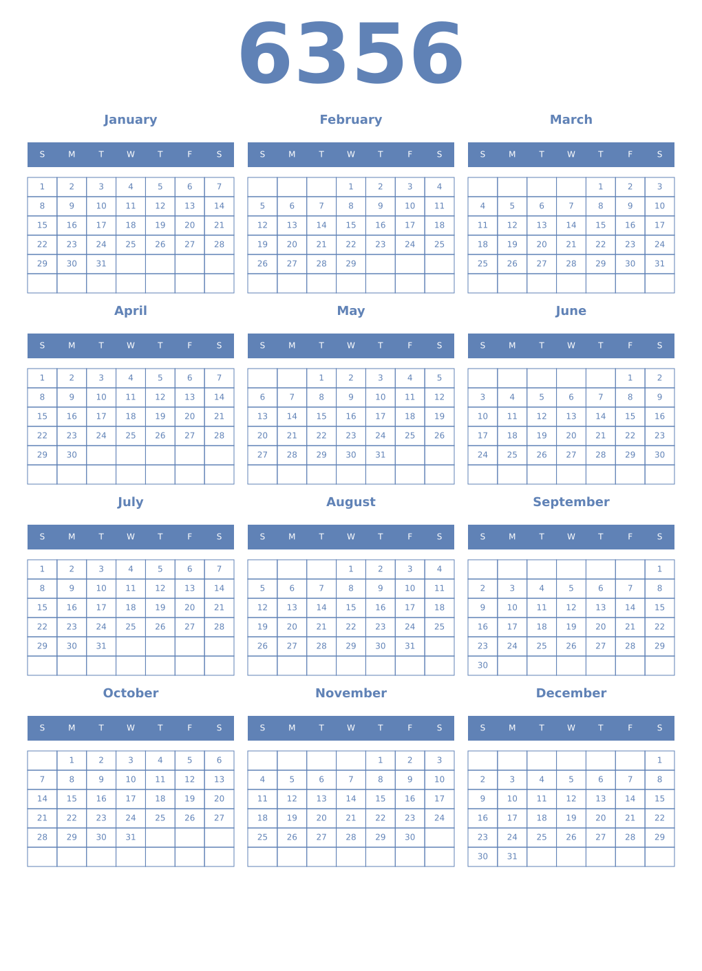 Printable 6356 Year Calendars glaucous