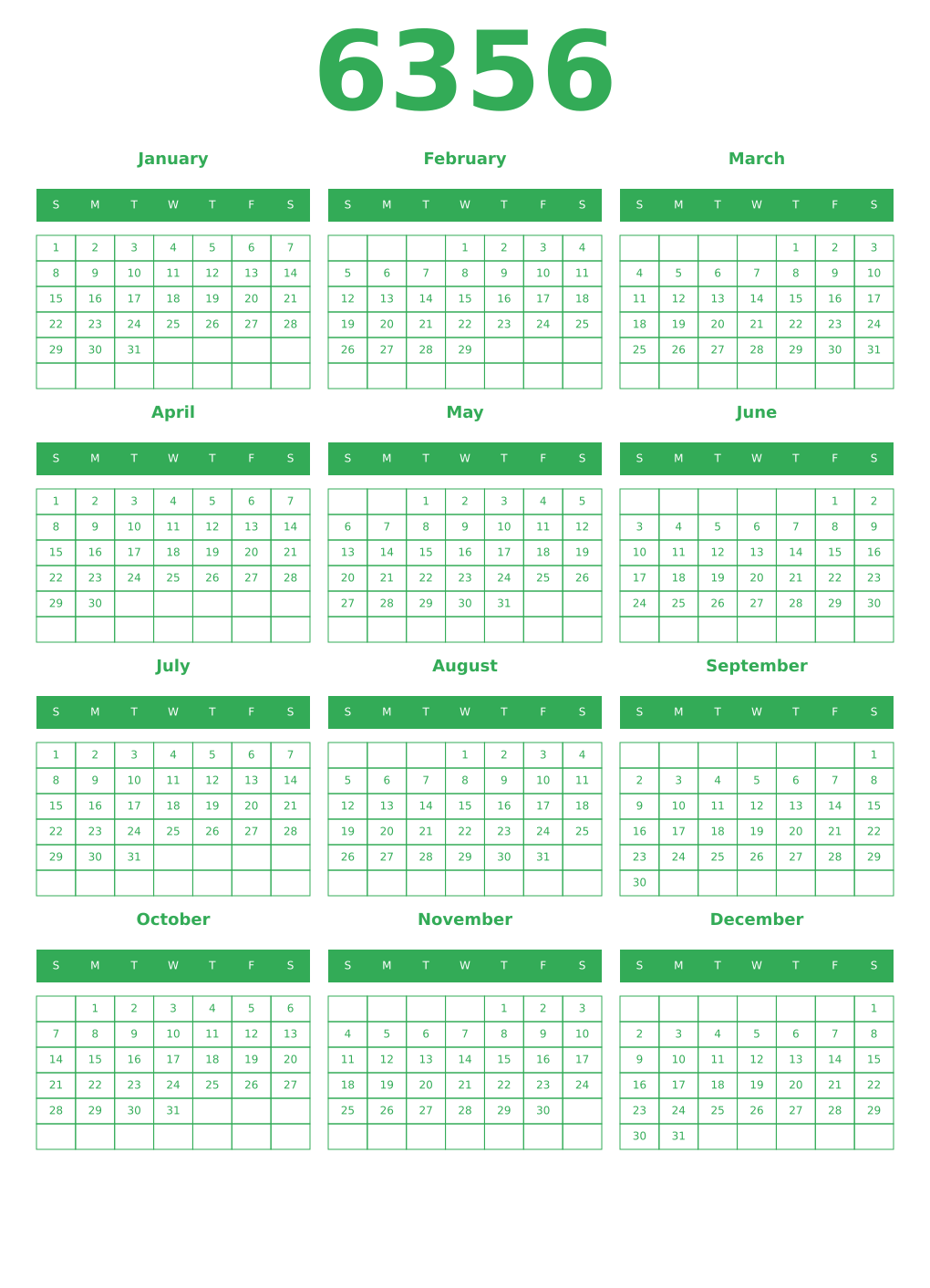 Printable 6356 Year Calendars green