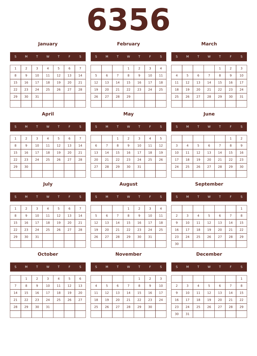 Printable 6356 Year Calendars mortuum