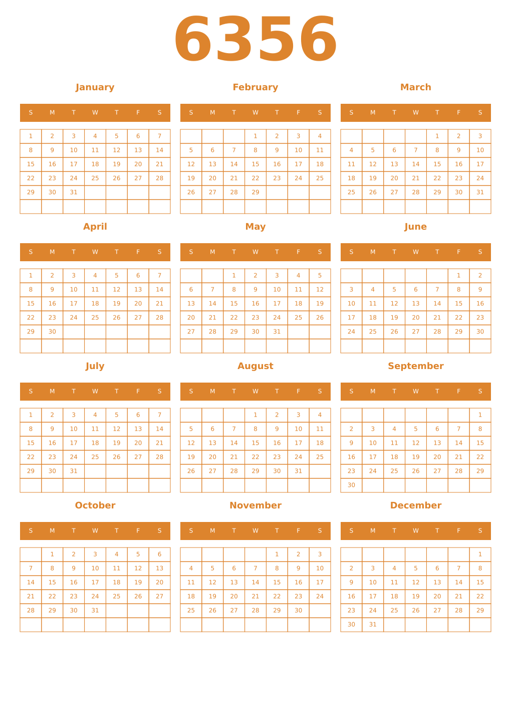 Printable 6356 Year Calendars orange