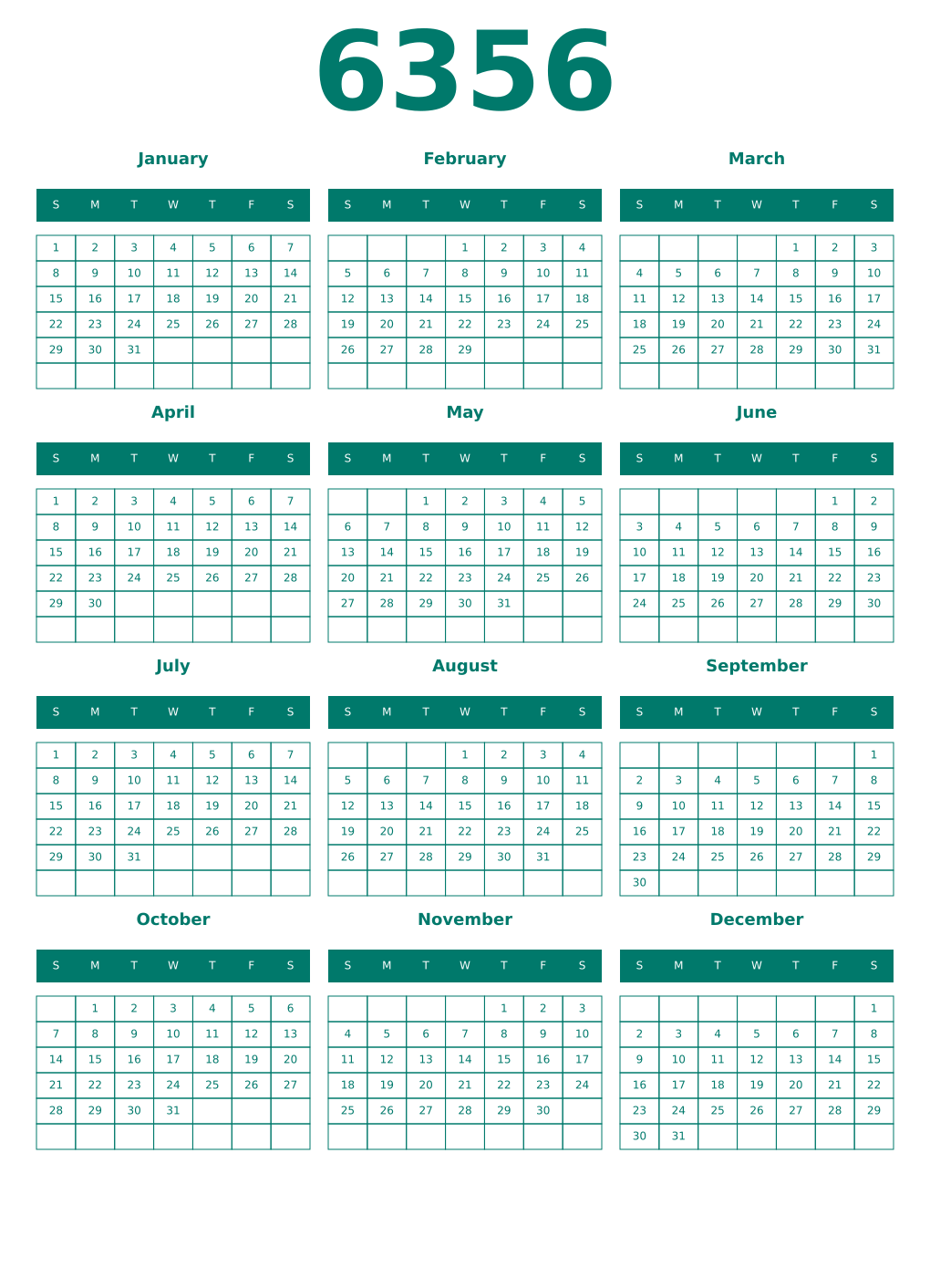 Printable 6356 Year Calendars pastel