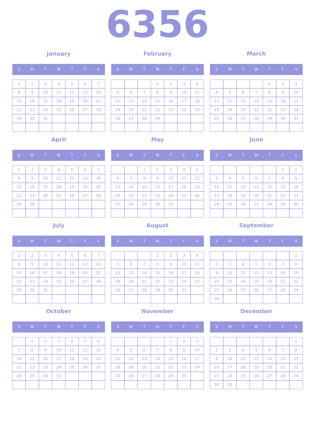 Printable 6356 Year Calendars periwinkle
