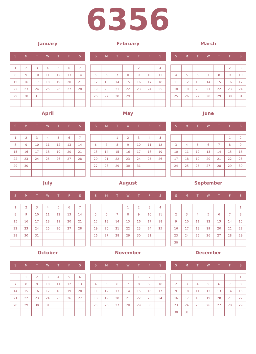 Printable 6356 Year Calendars puce