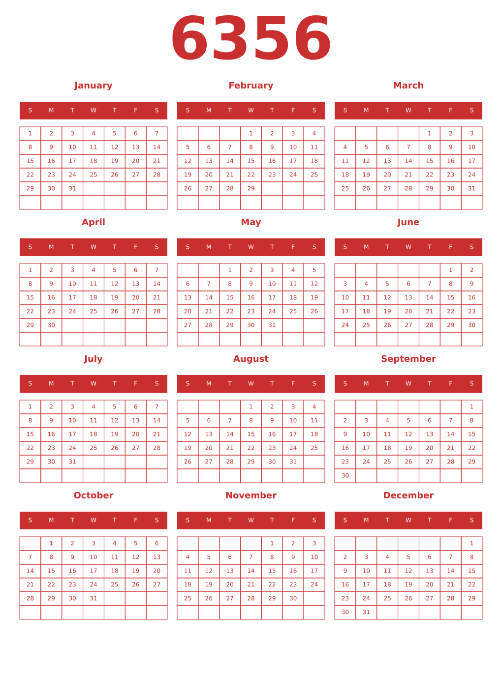 Printable 6356 Year Calendars red