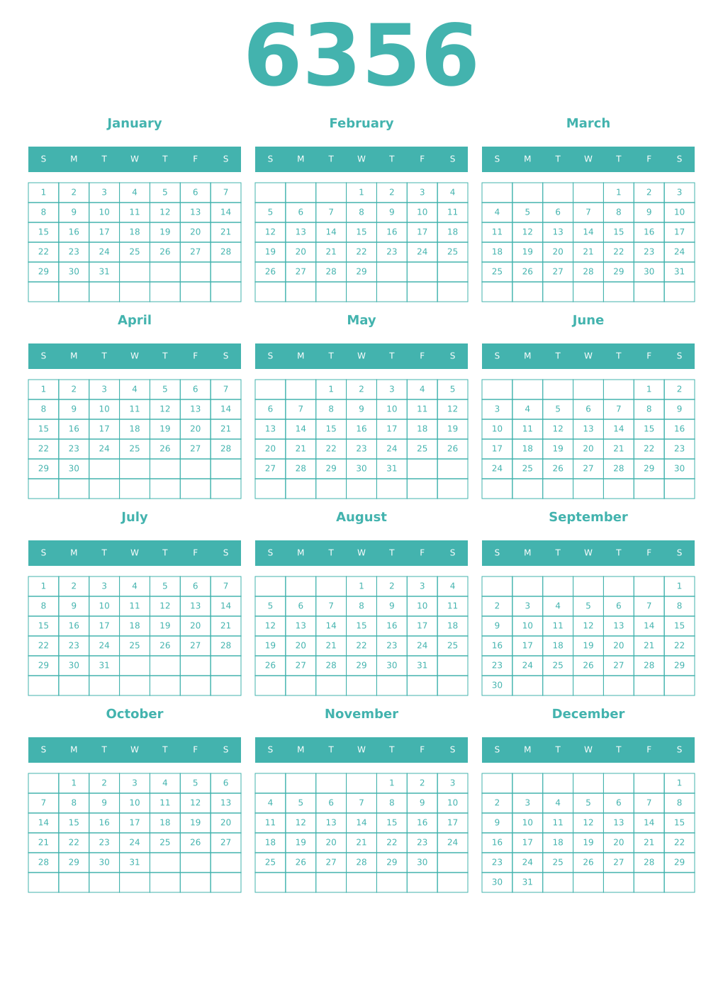 Printable 6356 Year Calendars verdigris