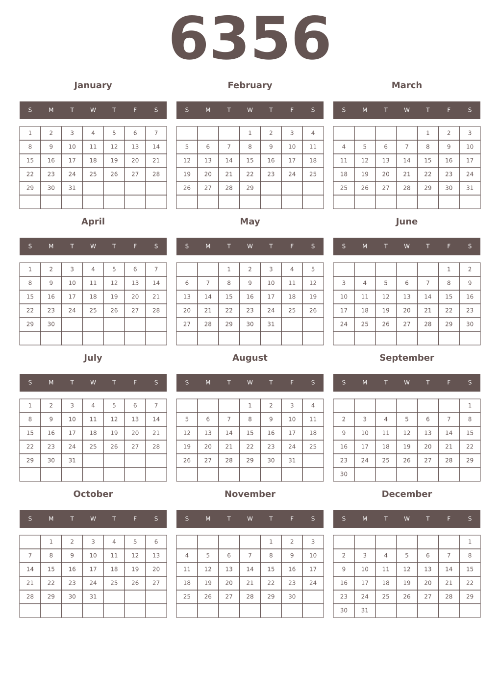 Printable 6356 Year Calendars wenge