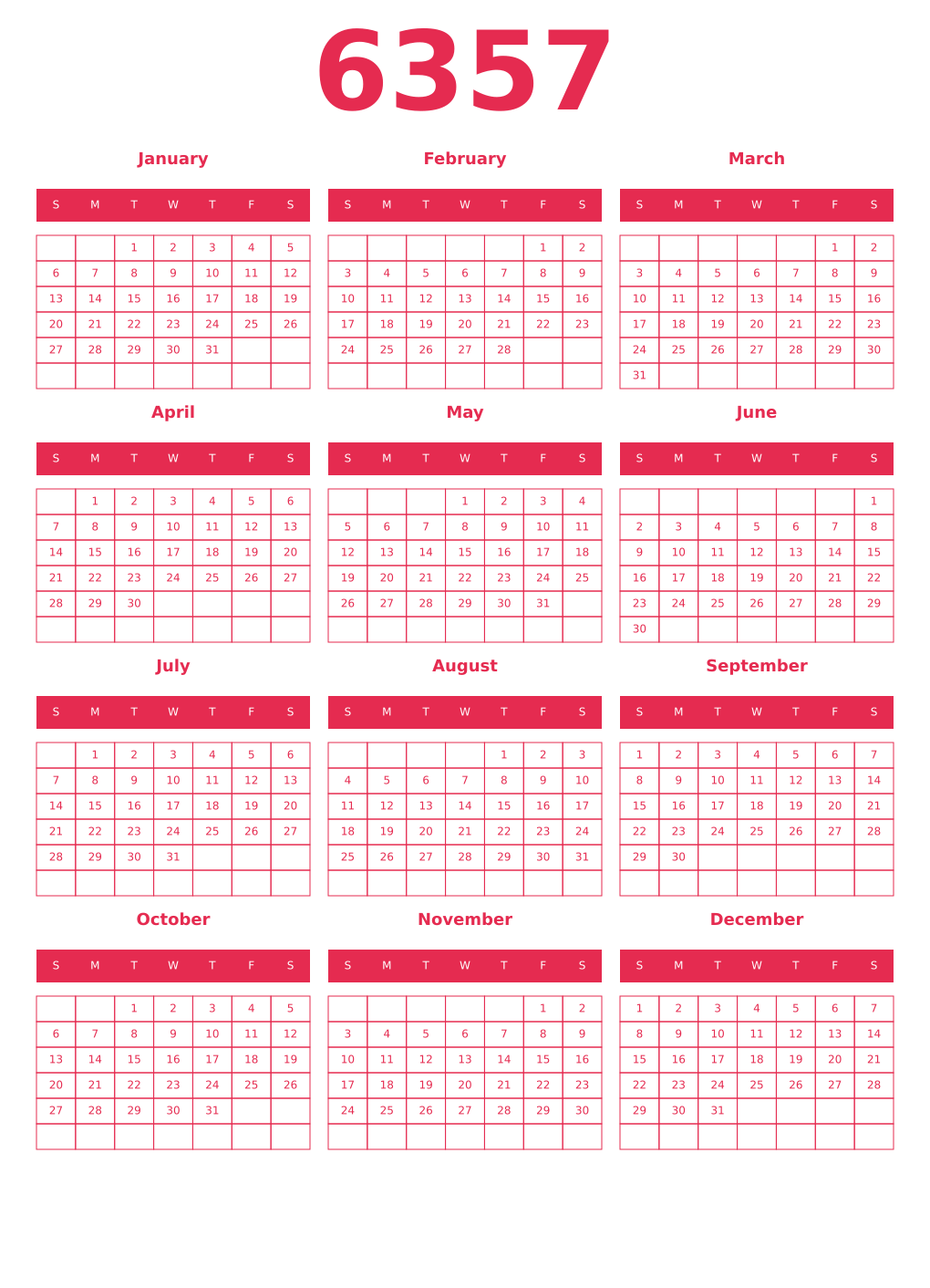 Printable 6357 Year Calendars amaranth