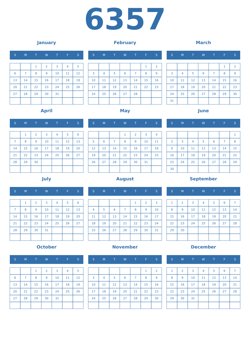 Printable 6357 Year Calendars blue