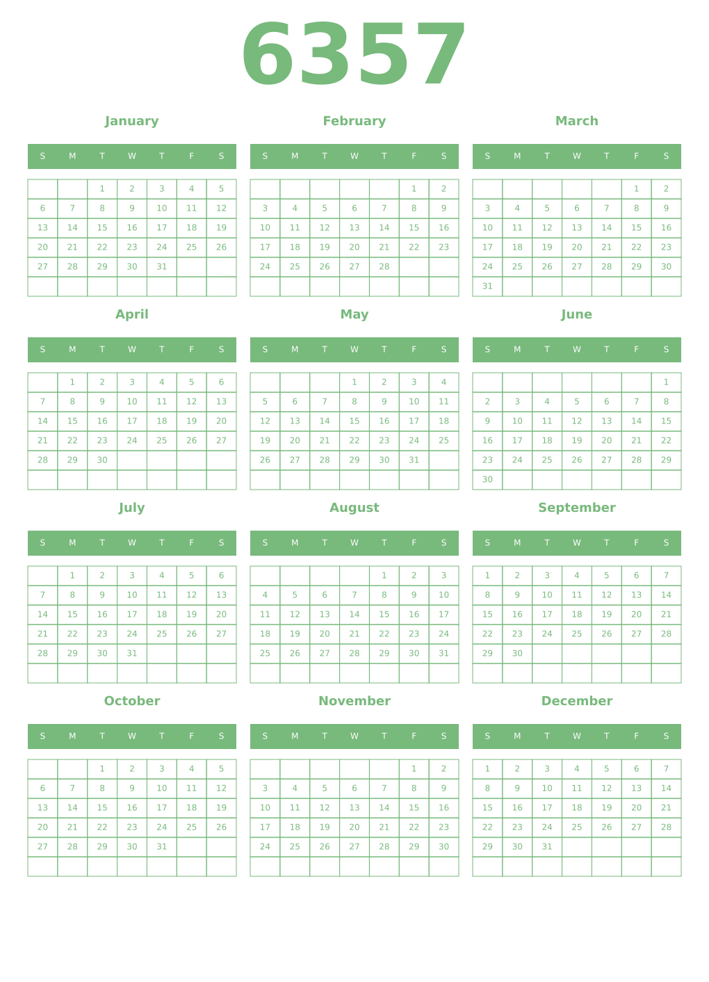 Printable 6357 Year Calendars celadon
