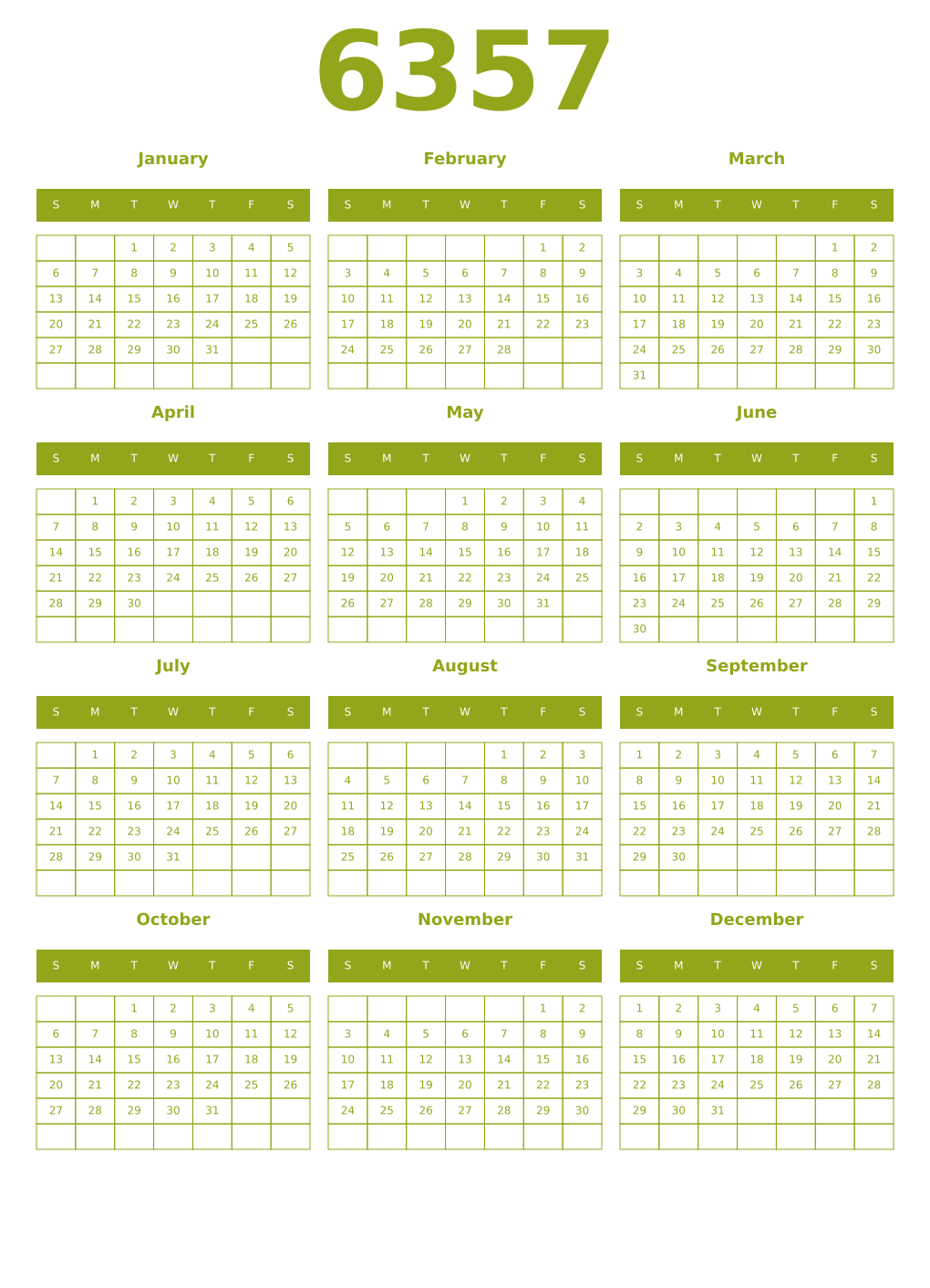 Printable 6357 Year Calendars chartreuse