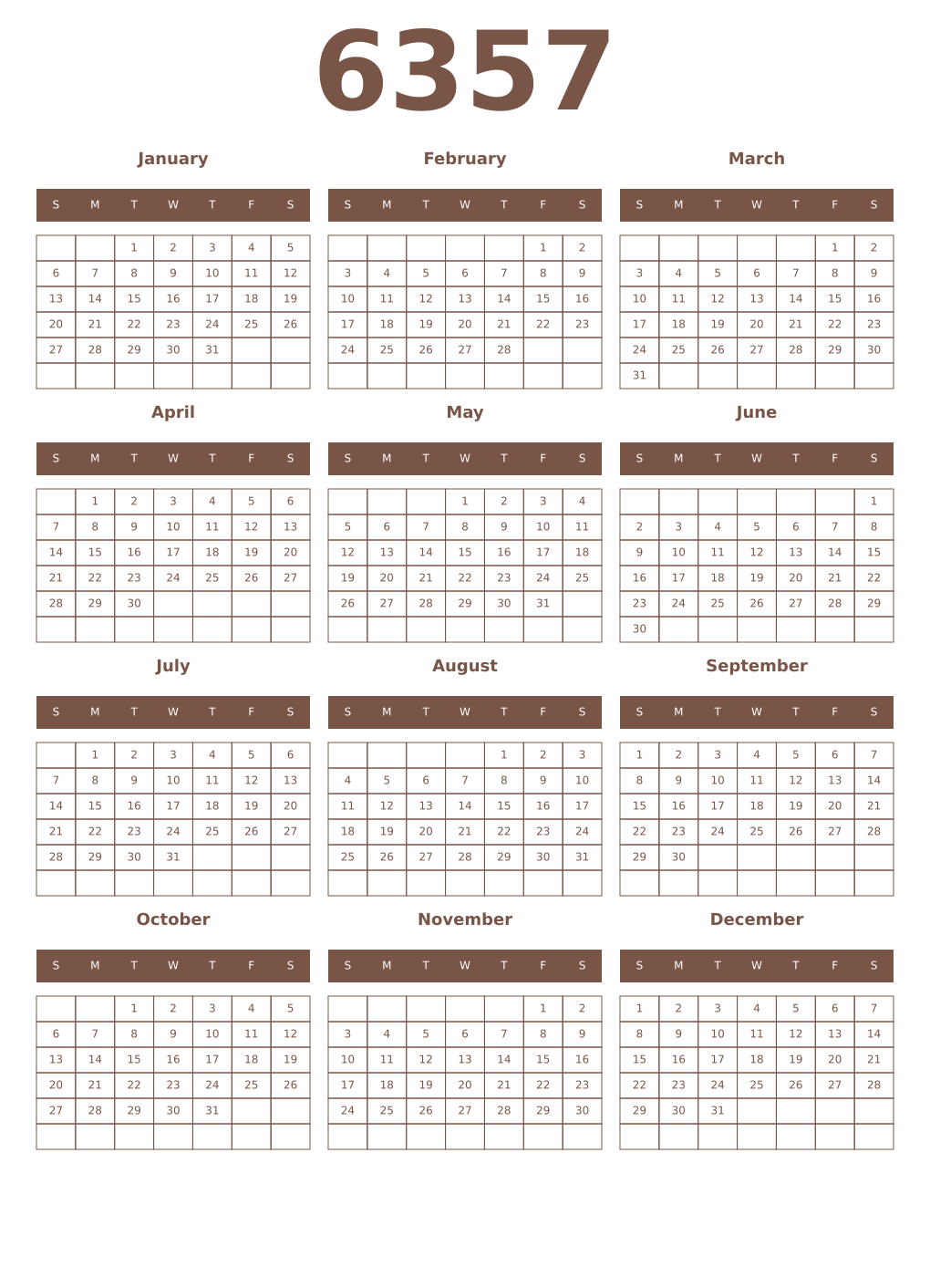 Printable 6357 Year Calendars coffe
