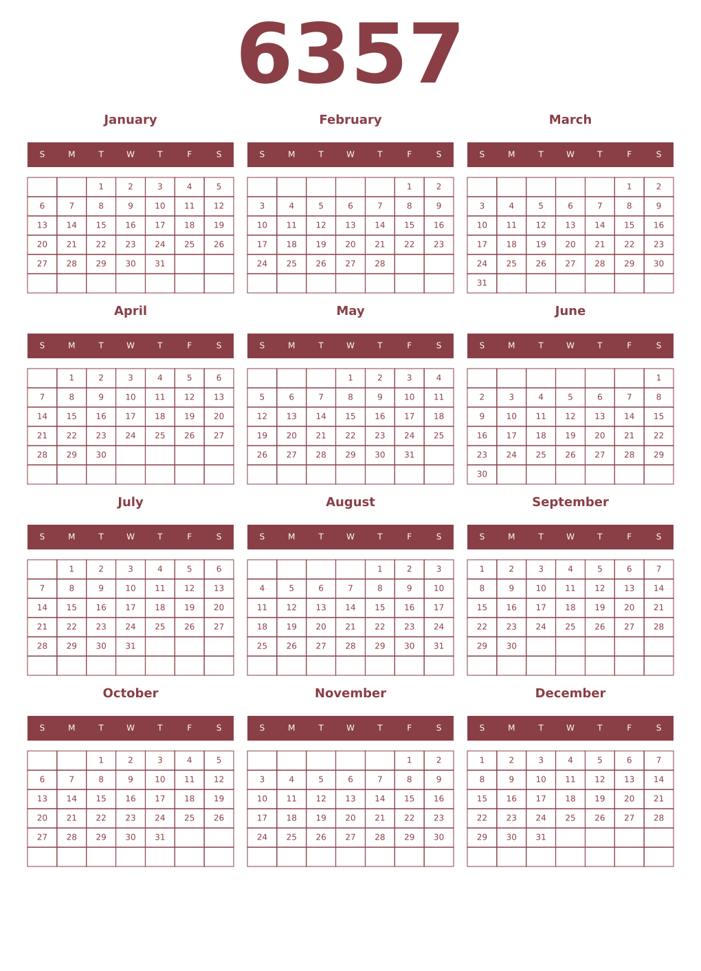Printable 6357 Year Calendars cordovan