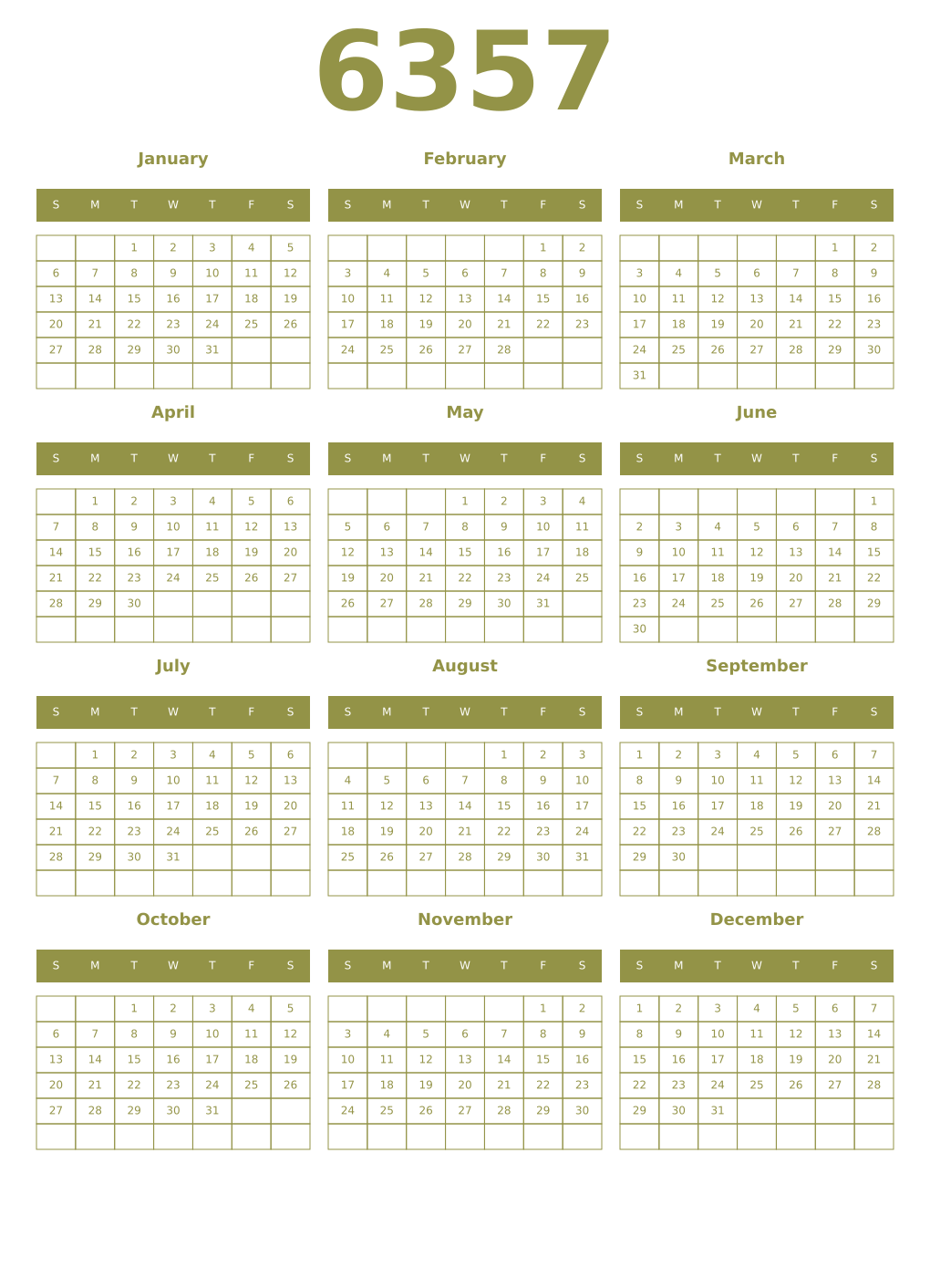 Printable 6357 Year Calendars eburnean